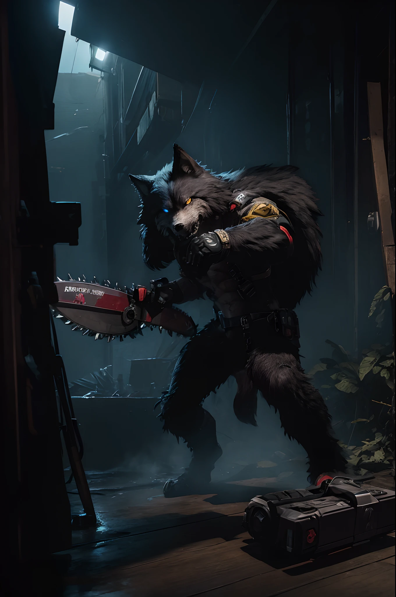 ((Fighting Game Character)), Furry Character, 1male, Chainsaw weapon, Wolf man, Bodycam footage, 3D graphics, videogame graphics.