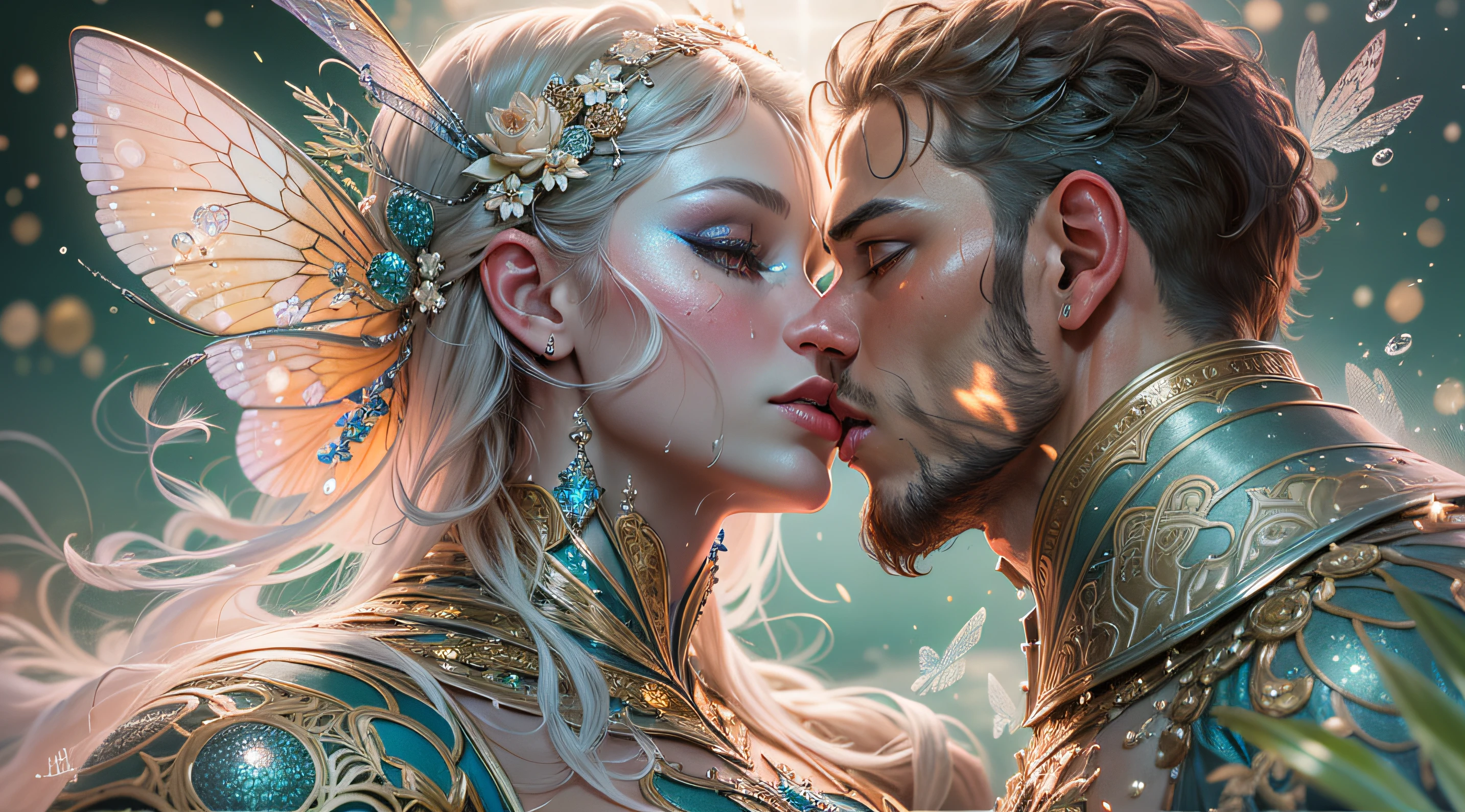 the kiss (Young Nymph and Male Knight), in river, Man in armor, A  girl (in a thong, glitter on the face, Dragonfly, Filigree, There is a scattering of glitter around, Foreshortening from above, mother-of-pearl scales, Bodypainting, tinsel+Sequins, Ethereal brilliance, Face detailing, plump wet lips, long eyelashes). hyper realisitc, real-photo, Art Nouveau, surrealism, River water lilies all around, , soft light, hight resolution, higly detailed, 30mm lens,1/4000s, f/2.8, ISO 300, octan, photo realism