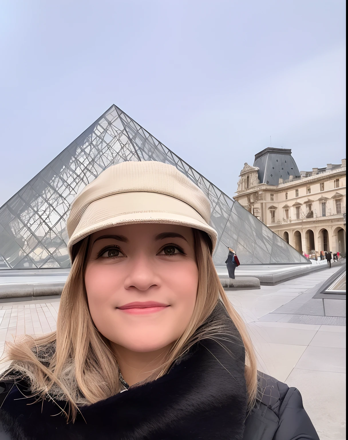Woman in a hat and coat standing in front of a pyramid, Pendurado no Louvre, Vencedor do Concurso Louvre, Do Louvre, traveling in france, Louvre, em Paris, Museu do Louvre, On display at the Louvre, Louvre Collection, Directed by: Tom Wänerstrand, arquitetura em segundo plano, in front of the eiffel tower, com uma figura ao fundo