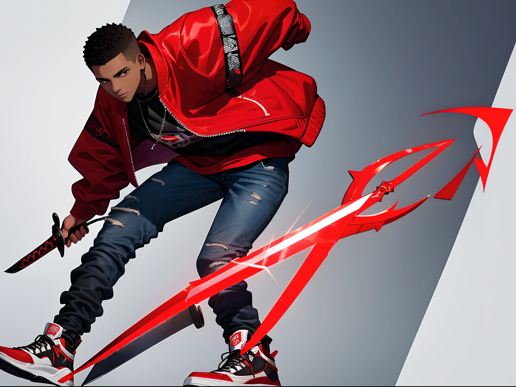 16 year old black boy wearing red jacket and streetwear style jeans and Jordan sneakers and with a sword