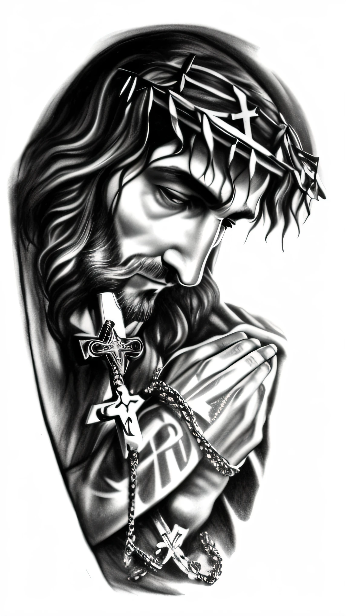 A drawing of a man with a cross and a rosary on his arm, rosto de jesus, design de tatuagem realismo, Jesus Cristo, desenho de tatuagem realismo, design de tatuagem, Jesus na Cruz, tattoo stencil, Design 3D para tatuagem, design de tatuagem conceitual, Jesus na Cruz, Jesus Cristo na Cruz, color