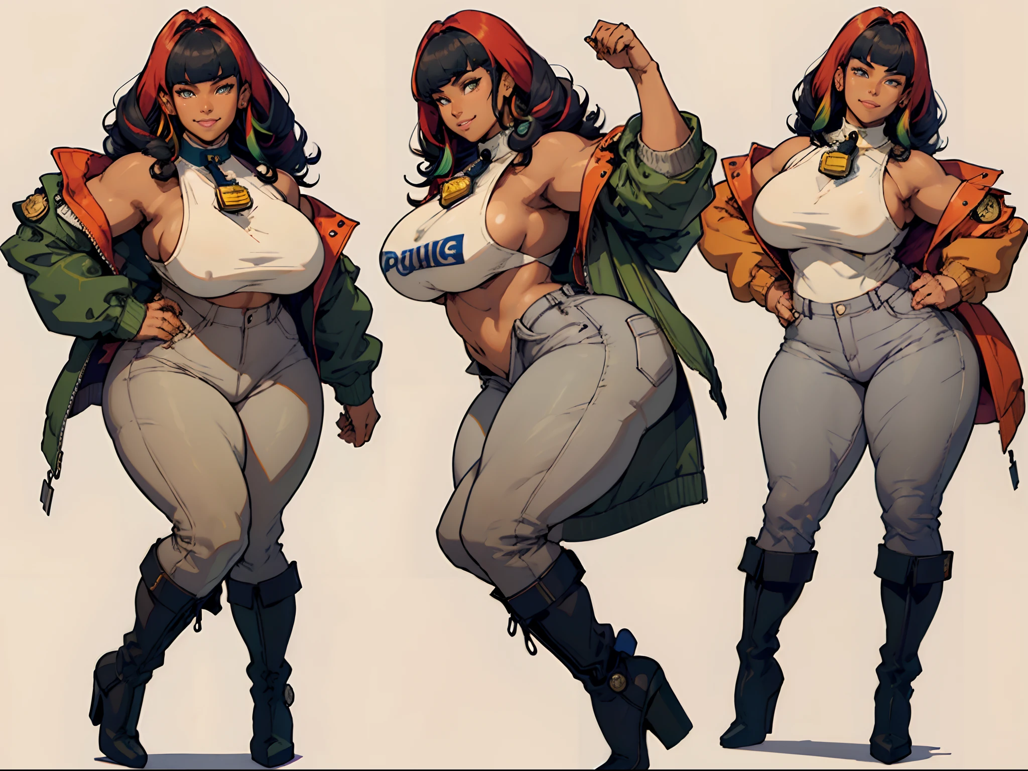 NSFW,masterpiece,top-quality,((character sheets,Same character,gauges,Lateral face,soles)),environment change scene,Pose too,(long curly Hairstyle with bangs), brown hair, multicolored hair, Pose Jitai,Chartaran Betarola,(simple background、grey backgrounid:1.3),illustratio,multi view, ((woman)), (wearing a white short tight top underneath a police jacket, bare arms, bare belly, tight beige jeans, high heel boots), ((police badge hanging from neck)), full body, sexy girl, happy, smile, chubby, dark eyebrows, green eyes, big smile, dark skin, shoulders, thick, ((fat arms)), ((medium breasts)), cute, sexy, MILF