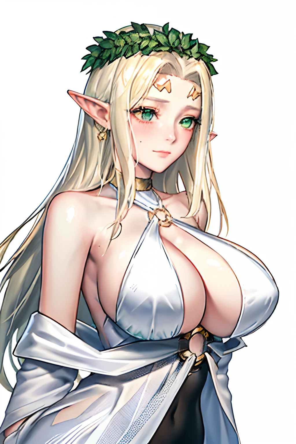 1girl, bare shoulders, blonde hair, blush, breasts, circlet, cleavage, closed mouth, dress, elf, green eyes, head wreath, huge breasts, laurel crown, long hair, looking at viewer, o-ring, o-ring top, pointy ears, simple background, solo, upper body, white background, white dress,celestine lucullus,realisic,(shiny skin),(masterpiece:1.4),(best quality:1.4)