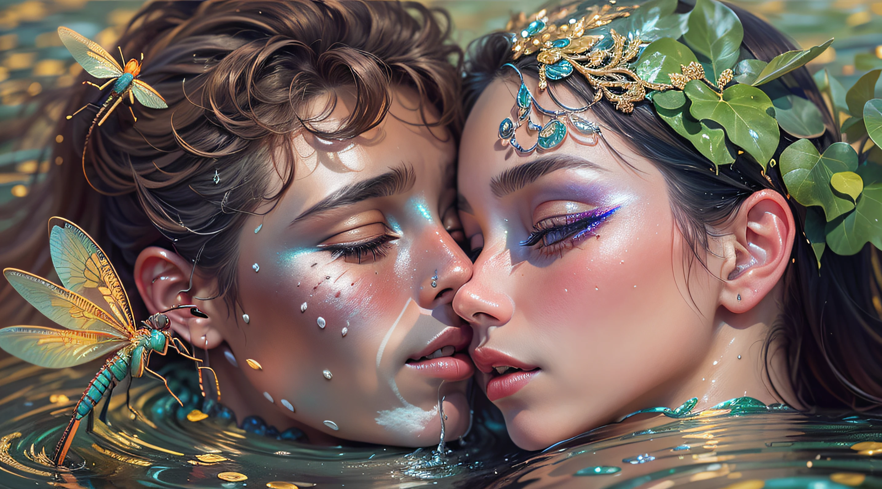 the kiss (Young Nymph and Male Knight), in river, Man in armor, A girl (in a thong, glitter on the face, Dragonfly, Filigree, There is a scattering of glitter around, Foreshortening from above, mother-of-pearl scales, Bodypainting, tinsel+Sequins, Ethereal brilliance, Face detailing, plump wet lips, long eyelashes). hyper realisitc, real-photo, Art Nouveau, surrealism, River water lilies all around, , soft light, hight resolution, higly detailed, 30mm lens,1/4000s, f/2.8, ISO 300, octan, photo realism