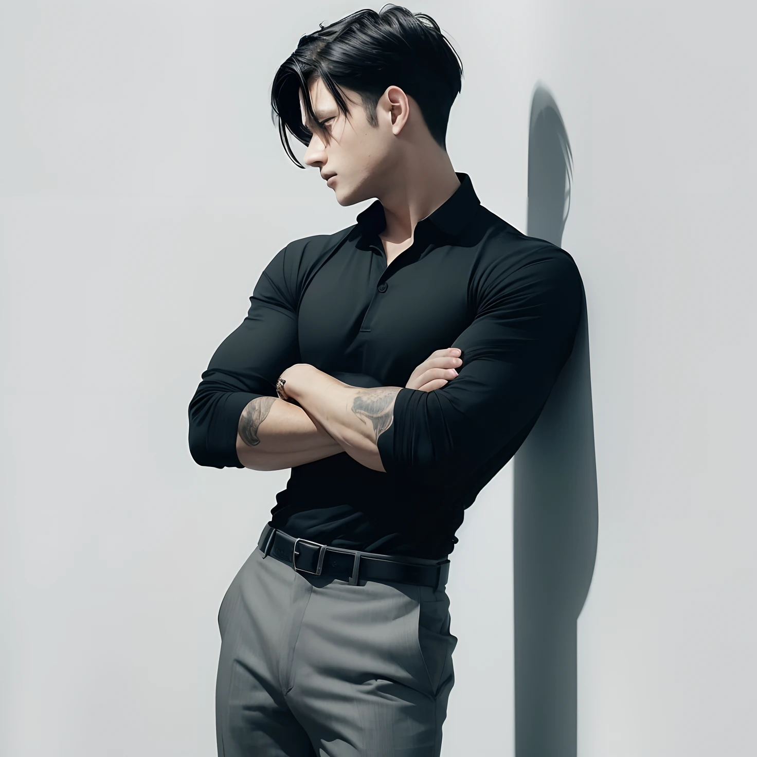 a man with realistic black hair, exactly the same hair style, realistic handsome face, exactly the same hair style, realistic black shirt,Realistic gray pants, realistic black belt, realistic cool expression,Realistic light, realistic shadows, realistic background
