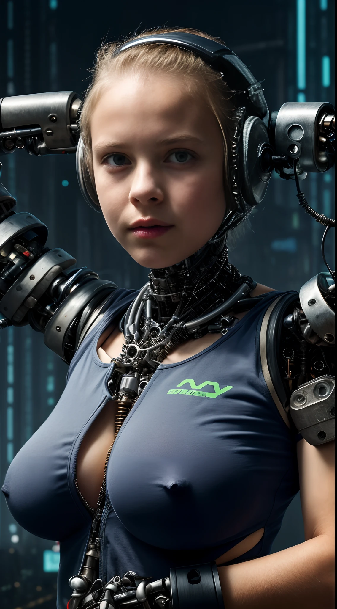 13 year old pre-, European, blonde, small breasts, close-up on breasts, big eyes, short sleeve t-shirt, mechanical arms, cybernetic arms, metal and wire on arms, cyberpunk theme, ray tracing, HDR
