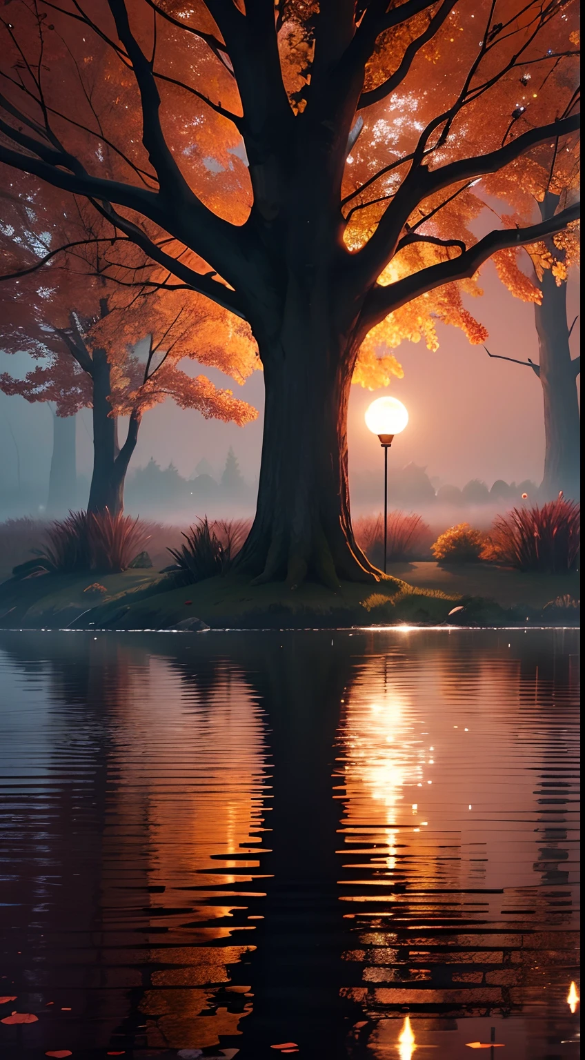 Autumn Elegance: In the tranquil embrace of twilight, a solitary tree stands adorned with fiery-hued leaves. Against the backdrop of the fading light, delicate water droplets begin to fall from one of its majestic leaves, glistening like diamonds in the darkness. This mesmerizing image captures the essence of seasonal beauty and ephemeral grace. As your phone wallpaper, let the enchanting dance of these water droplets remind you to find beauty and tranquility even in the midst of change and uncertainty.”