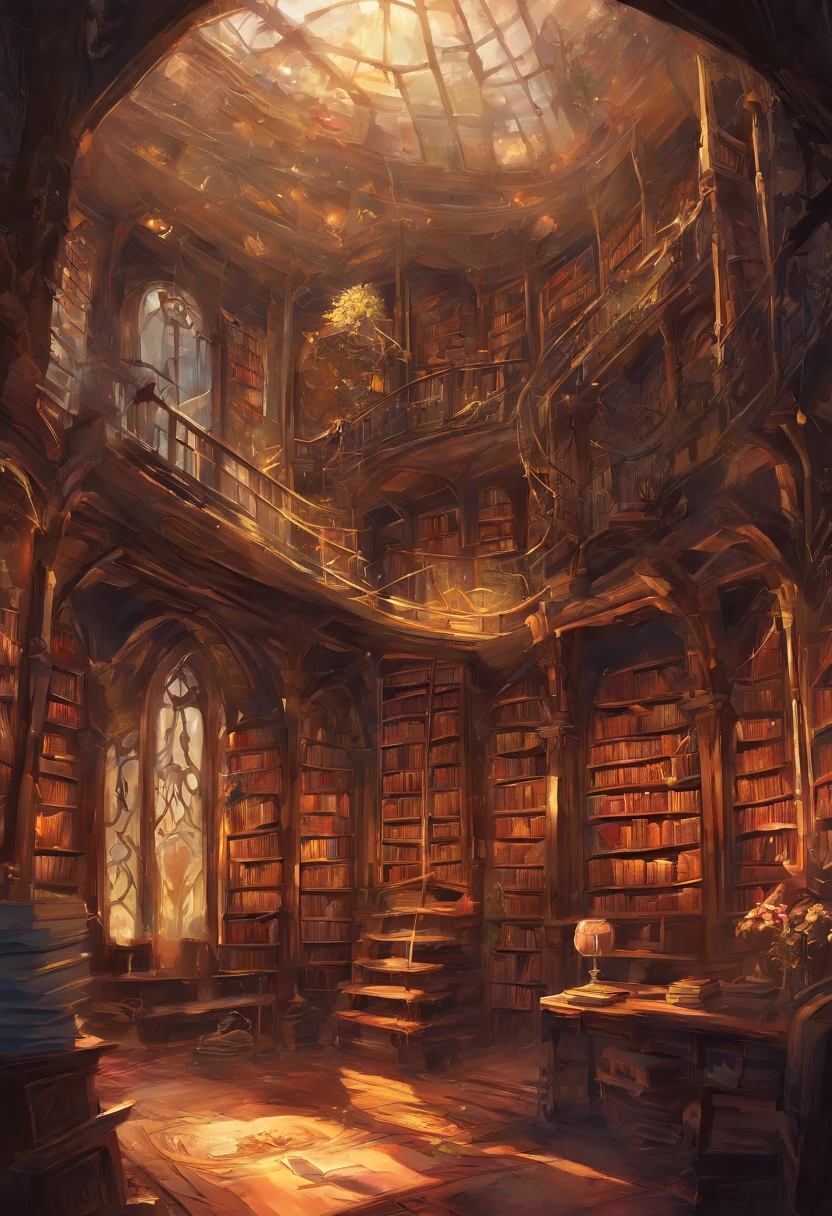 (Inside Enchanted Magical Library, Its shelves are adorned with books shimmering with untold secrets and the silent murmurs of hidden yearnings, Large beautiful Librarywith shimmering, glowing books, Magical, sparkling walls,fantasy,Leonora Carrington,a fantasy forest,Hazy perspective,sunlight filtering through the trees,Rich in color,assignment,light and shadow effect,k hd,tmasterpiece,Detailed details,depth of fields
