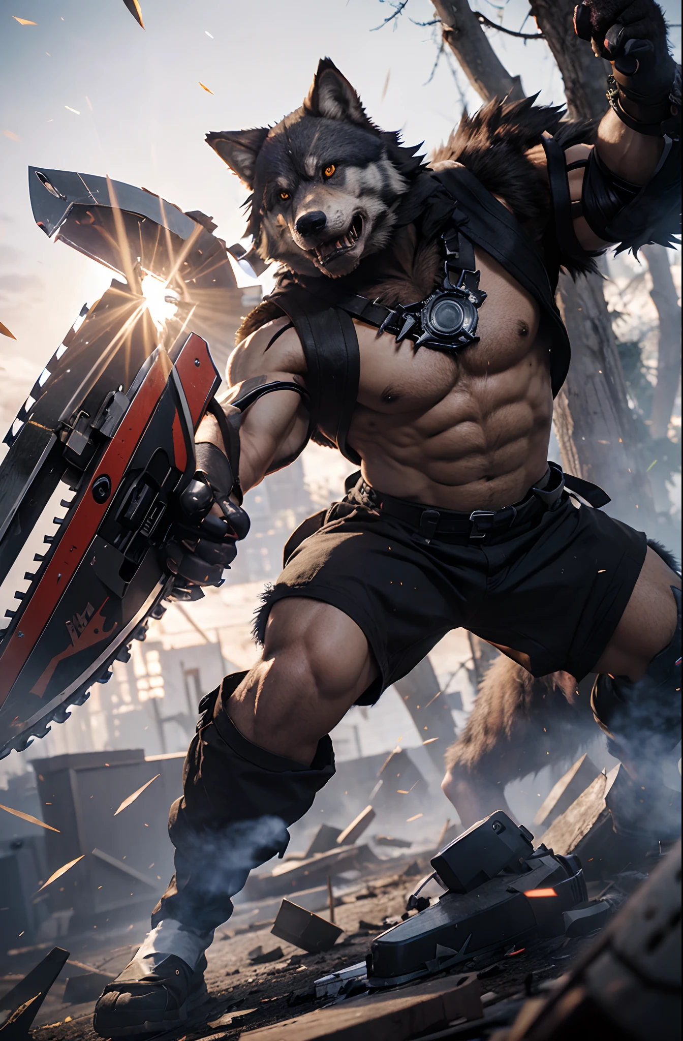 ((Fighting Game Character)), Furry Character, 1male, Chainsaw weapon, Wolf man, Bodycam footage, 3D graphics, videogame graphics.