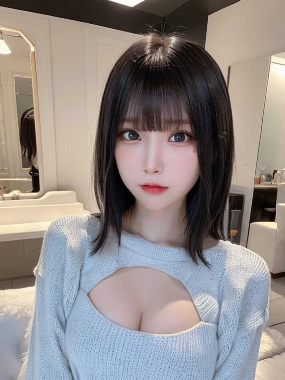 bright expression、photorealisim、top-quality、超A high resolution、a picture、Photos of the most beautiful Nordic girls、Detailed cute and beautiful face、a small face、(pureerosface_v1:0.008)、Beautiful bangs、alice in the wonderland、years、Glowing white shiny skin、Hair tangled in the face、Bangs that extend to the face、bangss、Hair between the eyes、black silky hair、finer hair、Bright, Clear light blue eyes look attractive、Oversized School Sweater、natural make up、Double eyelids、Dynamic Pose