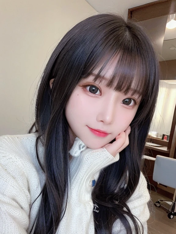 bright expression、photorealisim、top-quality、超A high resolution、a picture、Photos of the most beautiful Nordic girls、Detailed cute and beautiful face、a small face、(pureerosface_v1:0.008)、Beautiful bangs、alice in the wonderland、years、Glowing white shiny skin、Hair tangled in the face、Bangs that extend to the face、bangss、Hair between the eyes、black silky hair、finer hair、Bright, Clear light blue eyes look attractive、Oversized School Sweater、natural make up、Double eyelids、Dynamic Pose