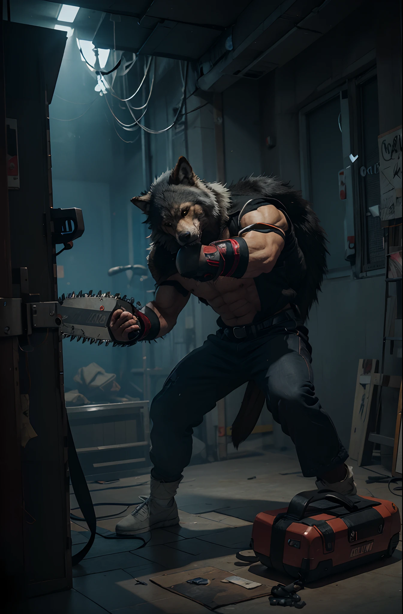 ((Fighting Game Character)), Furry Character, 1male, Chainsaw weapon, Wolf man, Bodycam footage, 3D graphics, videogame graphics.