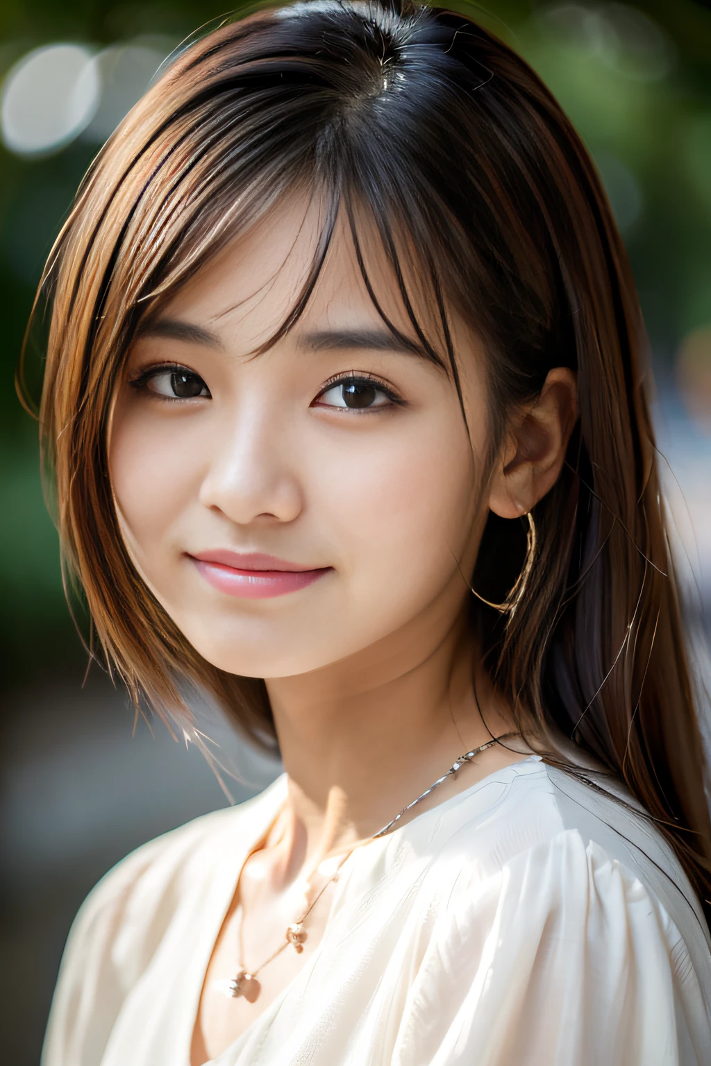 (Best Quality:1.4), (8K), 32K, (UHD), (Masterpiece:1.3), Photo of Japanese pretty woman, (Photorealistic), (Raw Photography), (1girl), (Ultra High Details), (Detailed face), perfect face, (Detailed hair), Beautiful hair, bangs, Layer Cut, (symmetrical eyes:1.3), (Detailed eyes), (Detailed skin), Realistic skin, Ultra high definition, (medium breasts), firm breast, (slim figure), (super model figure), gentle smile, Japanese cute young girl, 

(Wearing a high fashion Beautiful shirt with intricate weave), necklaces, earrings, bracelets, 
Portrait, cowboy_shot:1.3, narrow face:1.3,