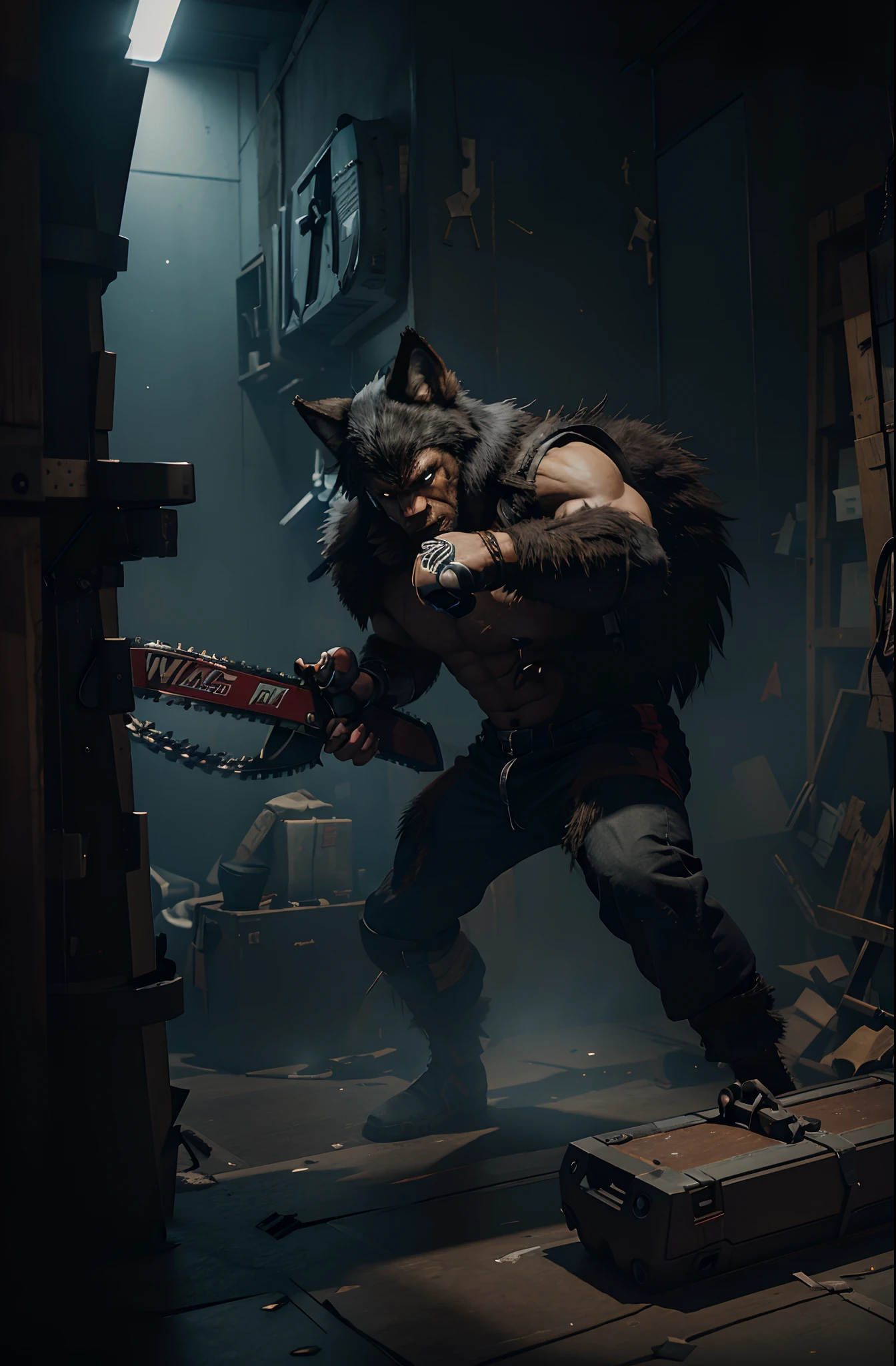 ((Fighting Game Character)), Furry Character, 1male, Chainsaw weapon, Wolf man, Bodycam footage, 3D graphics, videogame graphics.