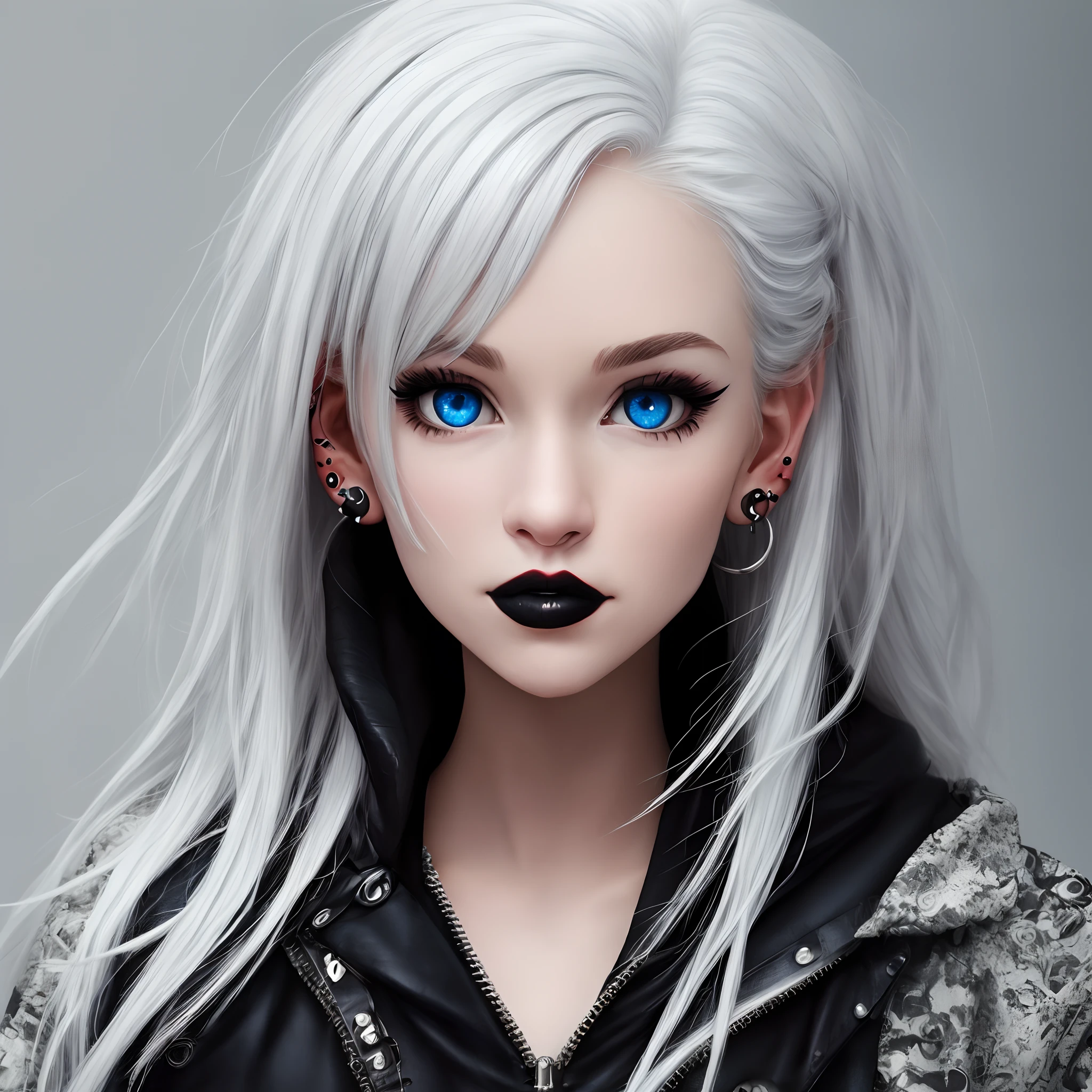 Disney Pixar girl with blue eyes, white hair with black tips, nose and septum piercings, ear piercings, punk grunge style