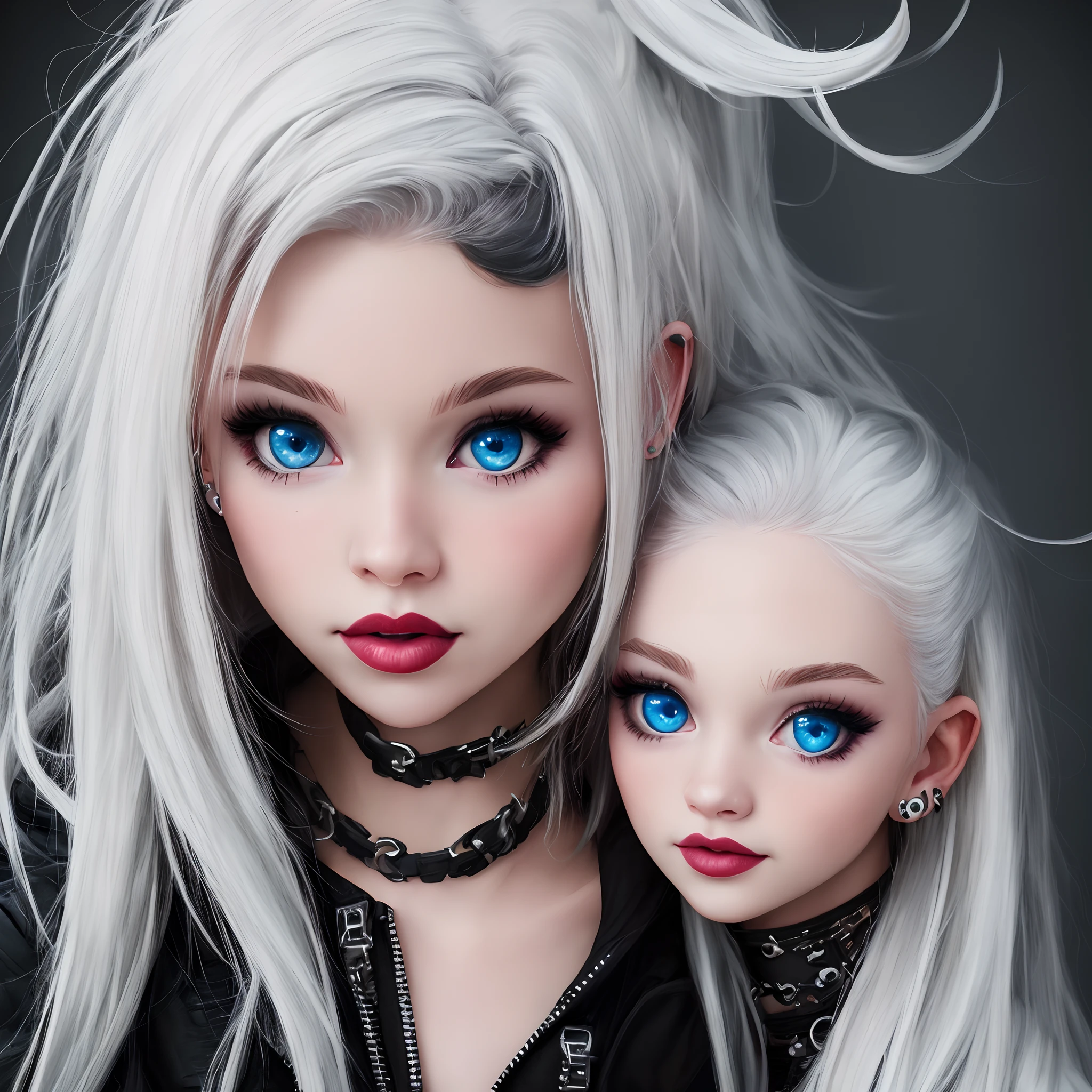 Disney Pixar girl with blue eyes, white hair with black tips, nose and septum piercings, ear piercings, punk grunge style