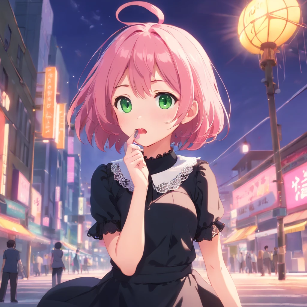 (best quality,ultra-detailed:1.2),green eyes,pink hair,black dress,pink lace collar,toy mouse hanging from mouth,solo pose,neko style,sparkling background,dreamy lighting,vibrant colors,soft pastel tones