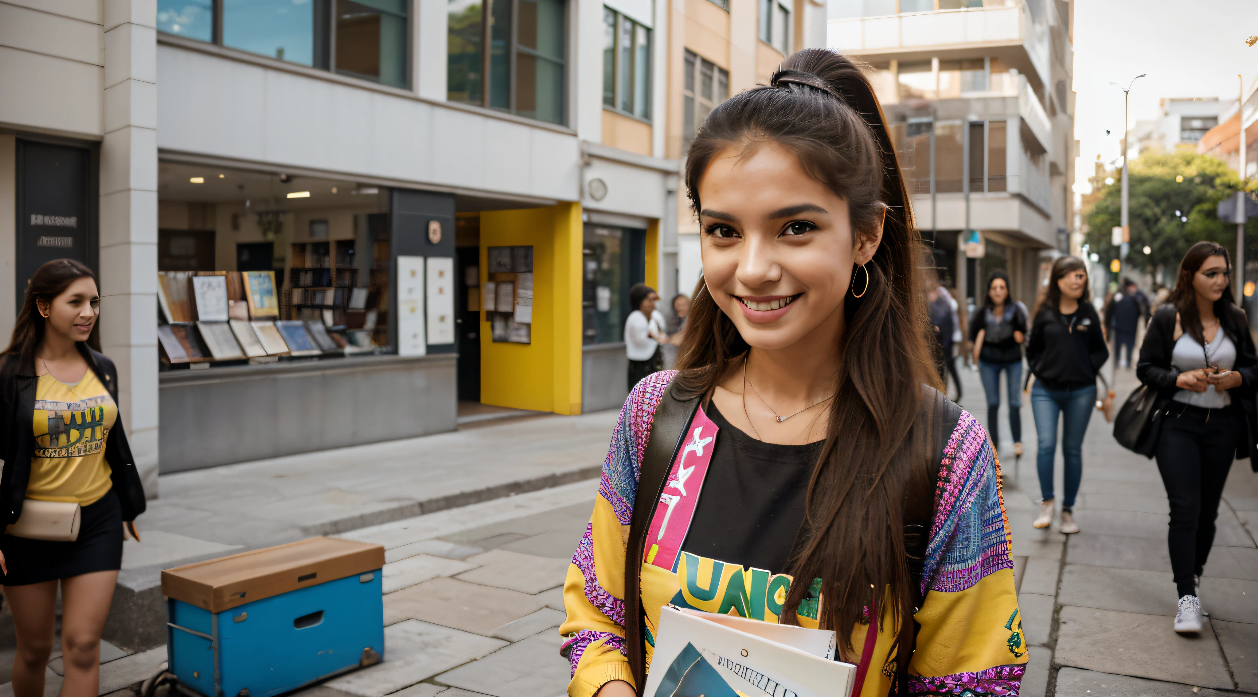 Generate an image of a Brazilian student happily strolling through a busy university campus. she is tall and slender, com curta marcante, cabelo loiro platinado, who exudes a rebellious spirit;. Her captivating light brown eyes sparkle with determination and curiosity, e ela usa um brilhante, genuine smile.

She is dressed in a unique and colorful way, conjunto abstrato que mostra sua personalidade vibrante. The clothes are an artistic mix of various colors and patterns, refletindo seu estilo ousado e criativo. She's wearing a bold earpiece around her neck, Ready to dive into your music. Enquanto ela caminha, She carries a stack of graphite-covered books in one hand, showcasing your passion for literature.

This distinguished student embodies the spirit of a cheerful, Book-loving punk with a love of music and a flair for colorful, abstract fashion. She confidently navigates the lively atmosphere of the university campus.