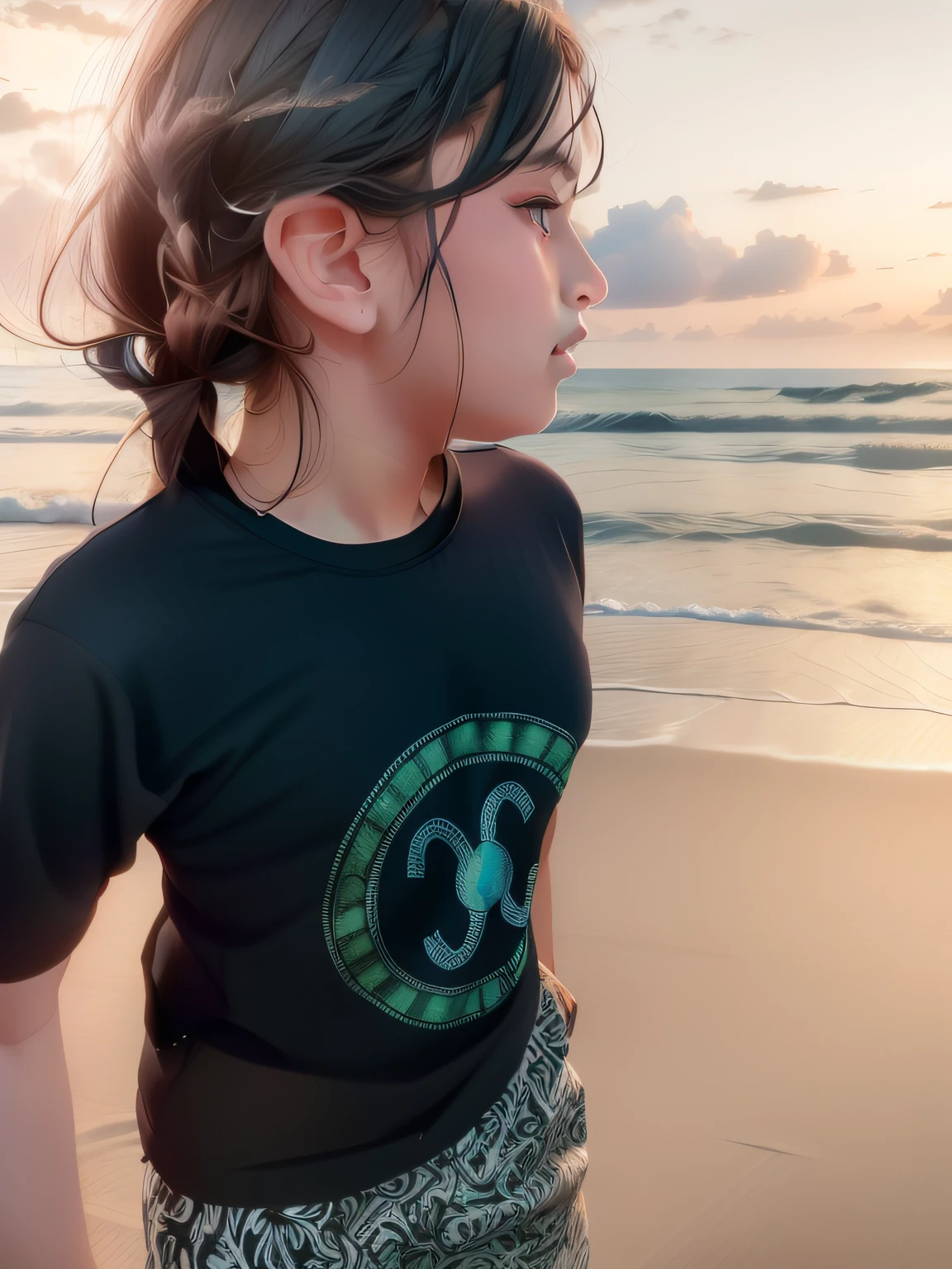 there is a young girl standing on the beach looking out at the ocean, with kerala motifs, at a beach, girl looking at the ocean waves, standing at the beach, in the beach, candid picture, wearing black tshirt, in tshirt, black t shirt, at the beach, assamese aesthetic, posing on a beach with the ocean