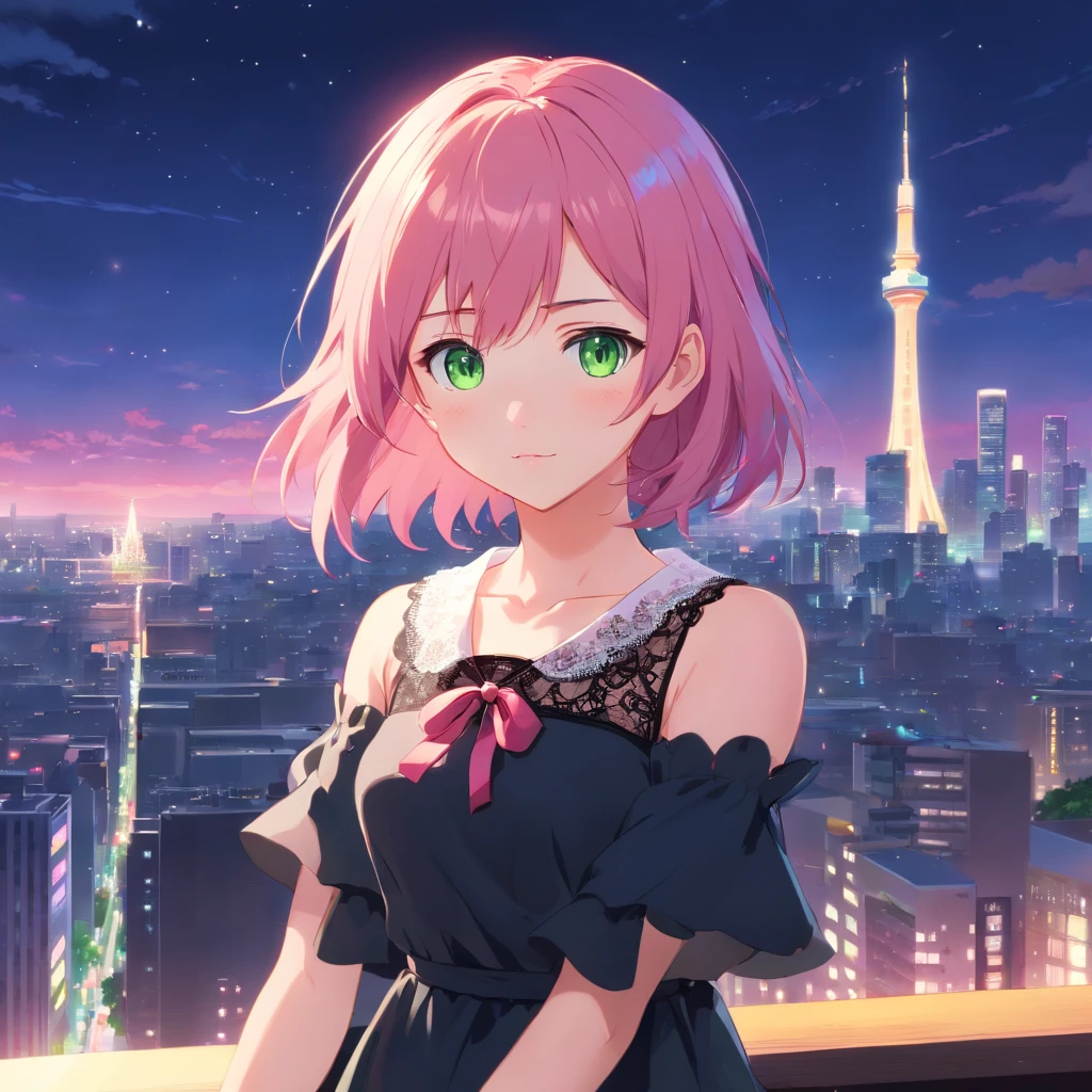 (best quality,ultra-detailed:1.2),green eyes,pink hair,black dress,pink lace collar,solo pose,neko style,sparkling background,dreamy lighting,vibrant colors,soft pastel tones