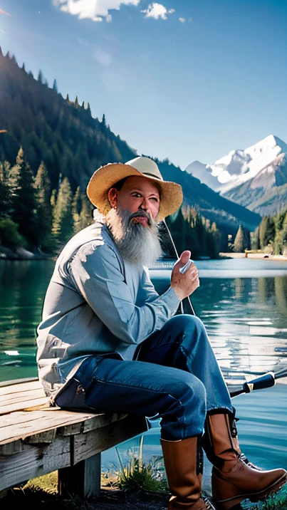 "(((best quality))),(((ultra detailed))),(((masterpiece))),illustration, fisherman, fishing by the lake, bearded, weathered face with wrinkles, full-body shot, focused on three key points: face, fishing rod, and serene lake landscape, relaxed, wearing a wide-brimmed hat and rubber boots, sitting on a wooden pier, casting a fishing rod, serene lake landscape in the background"