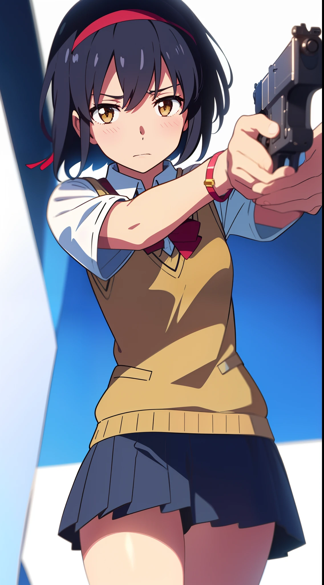 shinkai makoto, kimi no na wa., 1girl, bangs, black hair, blush, brown eyes, collared shirt, headband, looking at the viewer, Clavicle, red bow, red headband, red ribbon, school uniform, shirt, short hair, medium breasts, solo, sweater vest, vest, white shirt, yellow sweater vest, yellow vest, skirt, blue skirt, short sleeves, white background, Fighting Stance, Despair Face, bracelet, ((aiming at the viewer with a gun)), handgun, ((holding a handgun)), trigger discipline, cowboy shot, perfect hands