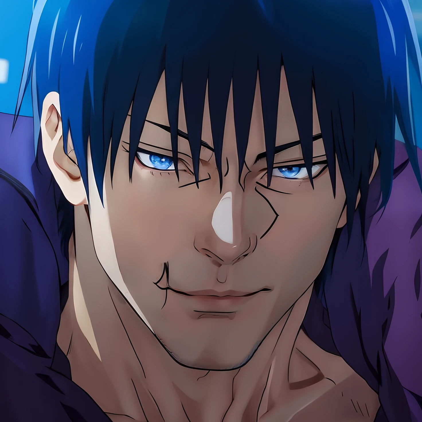 anime guy with blue hair and blue eyes staring at the camera, hijikata toushirou of gintama, okata kazuto, roguish smirk, nobutaka ike, yuyushiki, tsukasa dokite, shikanosuke yagaki, toji fushiguro, hijikata toushirou, as an anime character, male anime character