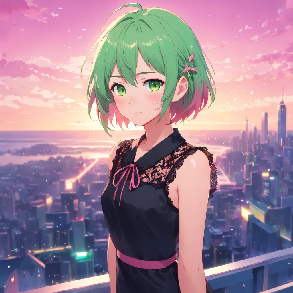 (best quality,ultra-detailed:1.2),green eyes,pink hair,black dress,pink lace collar,solo pose,neko style,sparkling background,dreamy lighting,vibrant colors,soft pastel tones