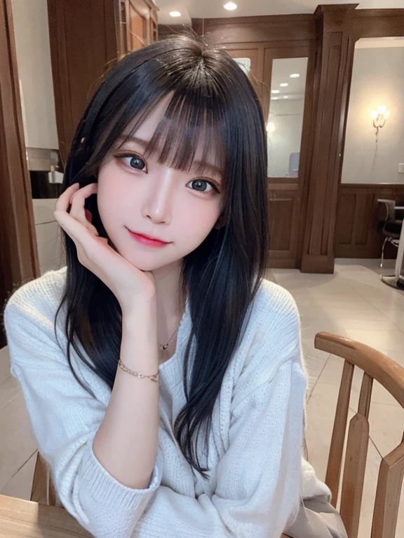 bright expression、photorealisim、top-quality、超A high resolution、a picture、Photos of the most beautiful Nordic girls、Detailed cute and beautiful face、a small face、(pureerosface_v1:0.008)、Beautiful bangs、alice in the wonderland、years、Glowing white shiny skin、Hair tangled in the face、Bangs that extend to the face、bangss、Hair between the eyes、black silky hair、finer hair、Bright, Clear light blue eyes look attractive、Oversized School Sweater、natural make up、Double eyelids、Dynamic Pose