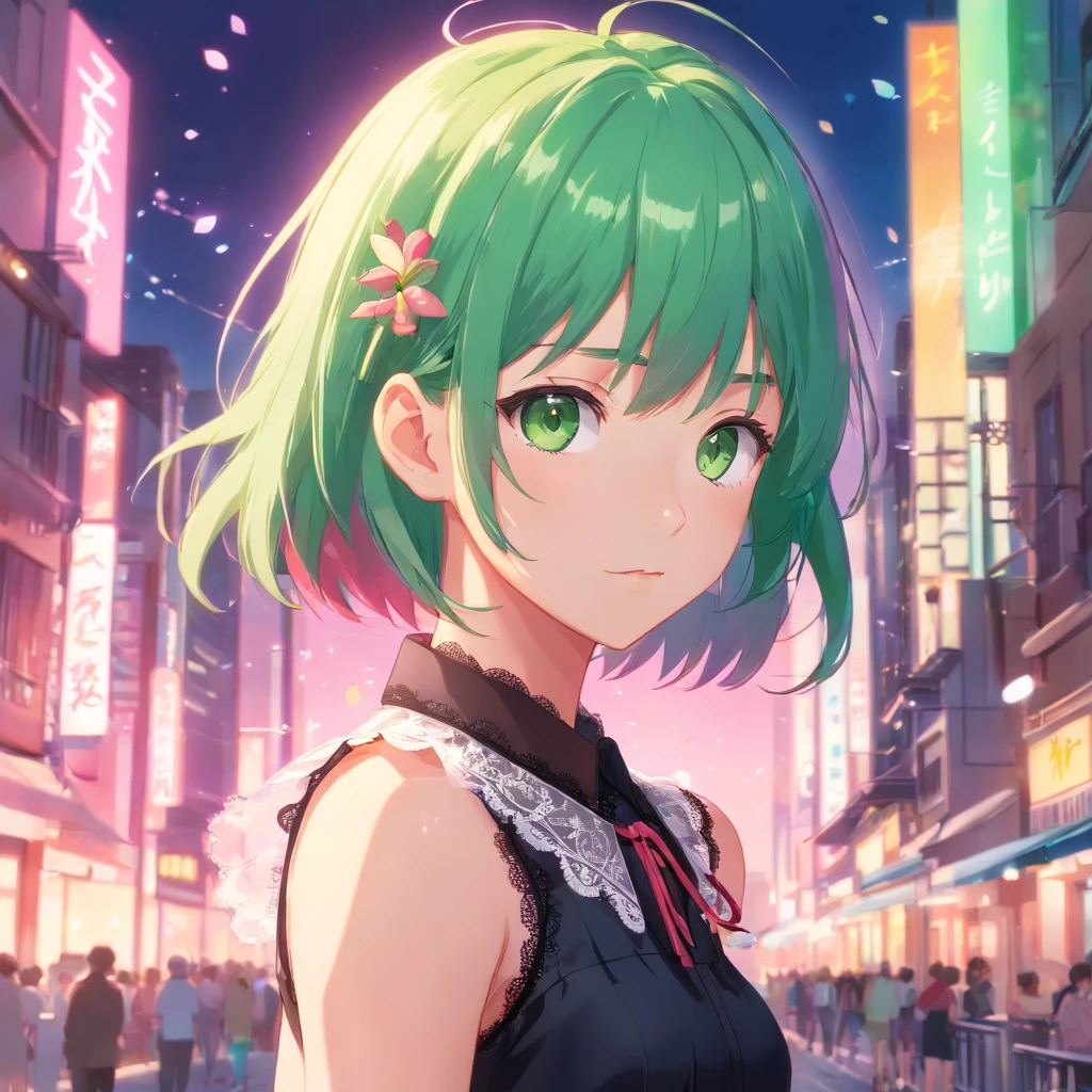 (best quality,ultra-detailed:1.2), green eyes, pink hair, black dress, pink lace collar, solo pose, neko style, sparkling background, dreamy lighting, vibrant colors, soft pastel tones