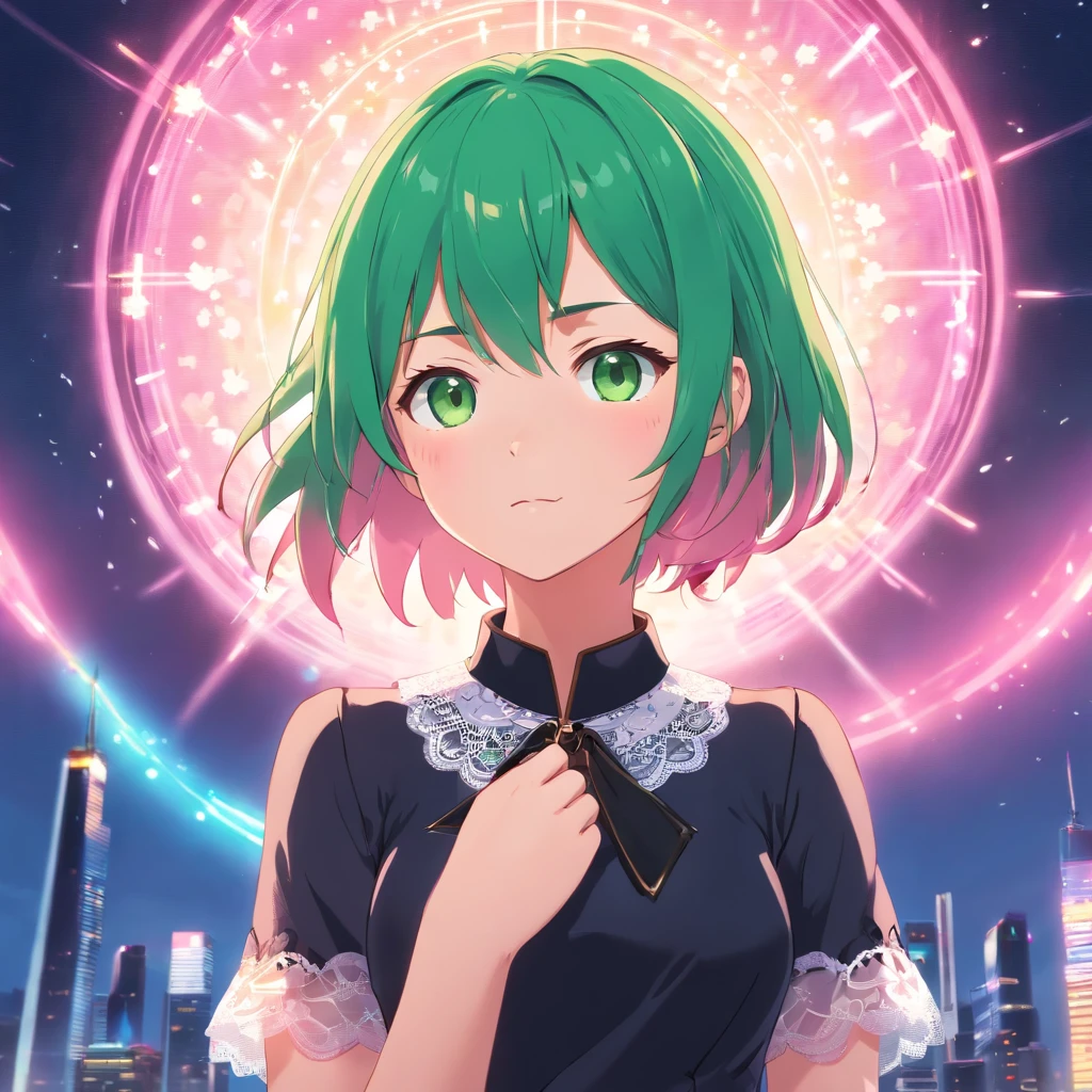 (best quality,ultra-detailed:1.2), green eyes, pink hair, black dress, pink lace collar, solo pose, neko style, sparkling background, dreamy lighting, vibrant colors, soft pastel tones