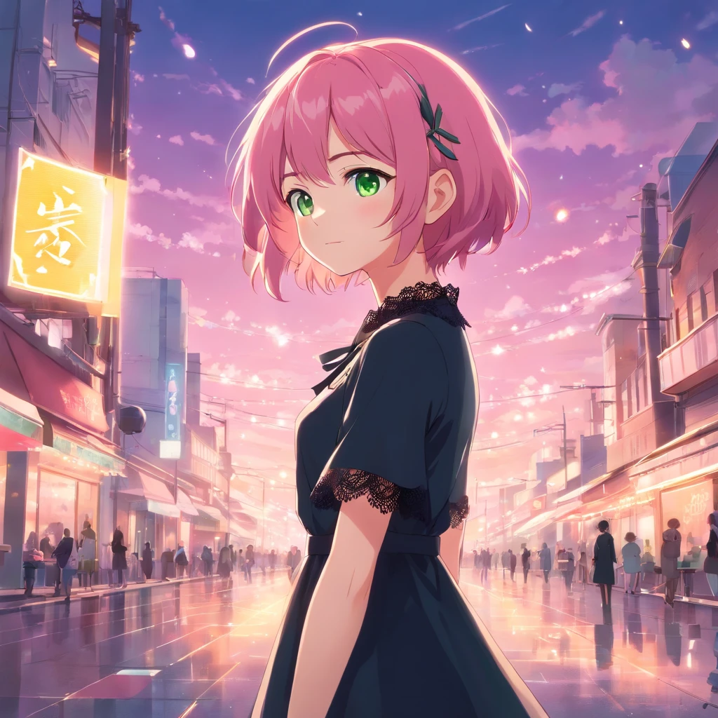 (best quality,ultra-detailed:1.2), green eyes, pink hair, black dress, pink lace collar, solo pose, neko style, sparkling background, dreamy lighting, vibrant colors, soft pastel tones