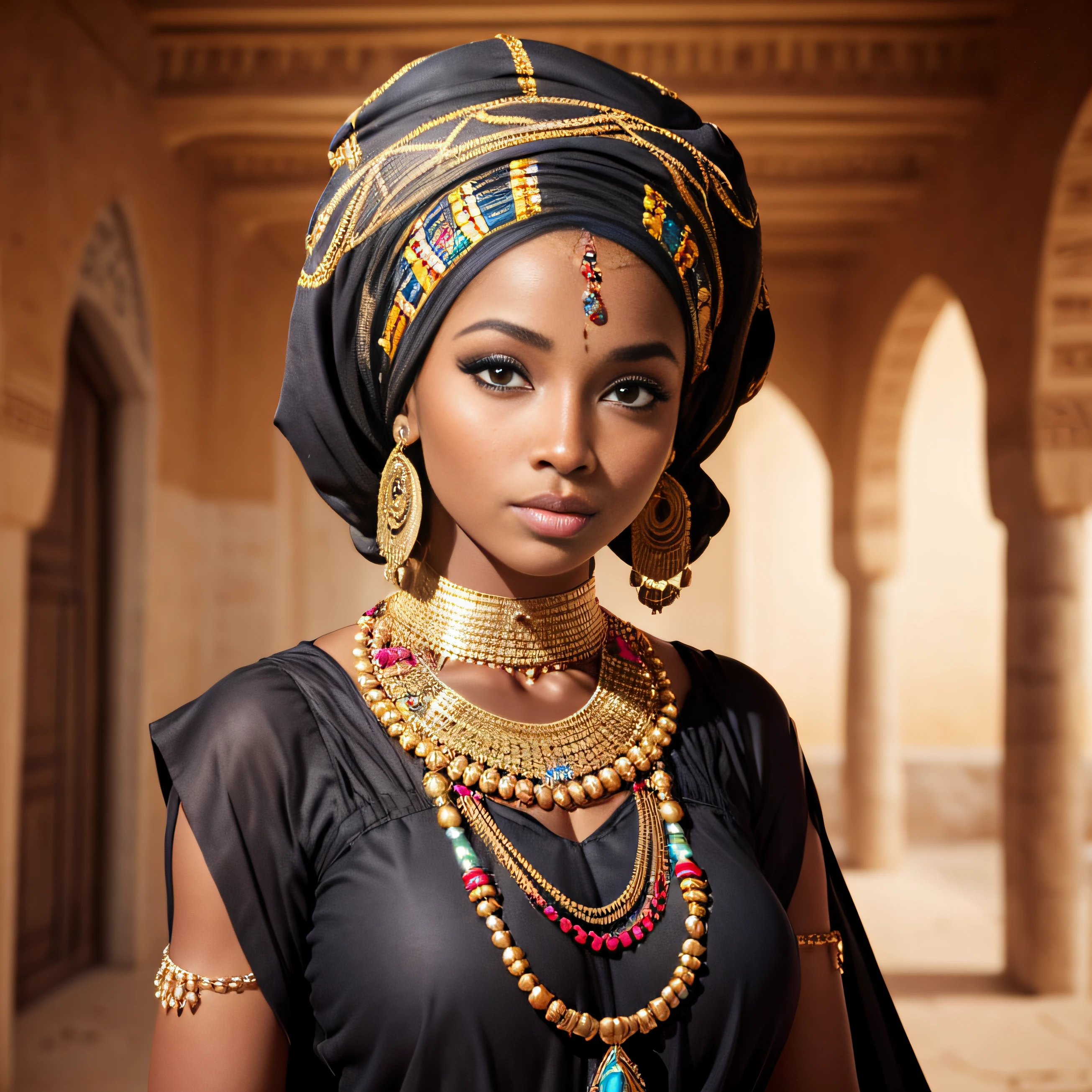 Nubian, Ethiopian, woman, vibrant skin, bright teal dress, dark chocolate skin, light brown eyes, 8k
