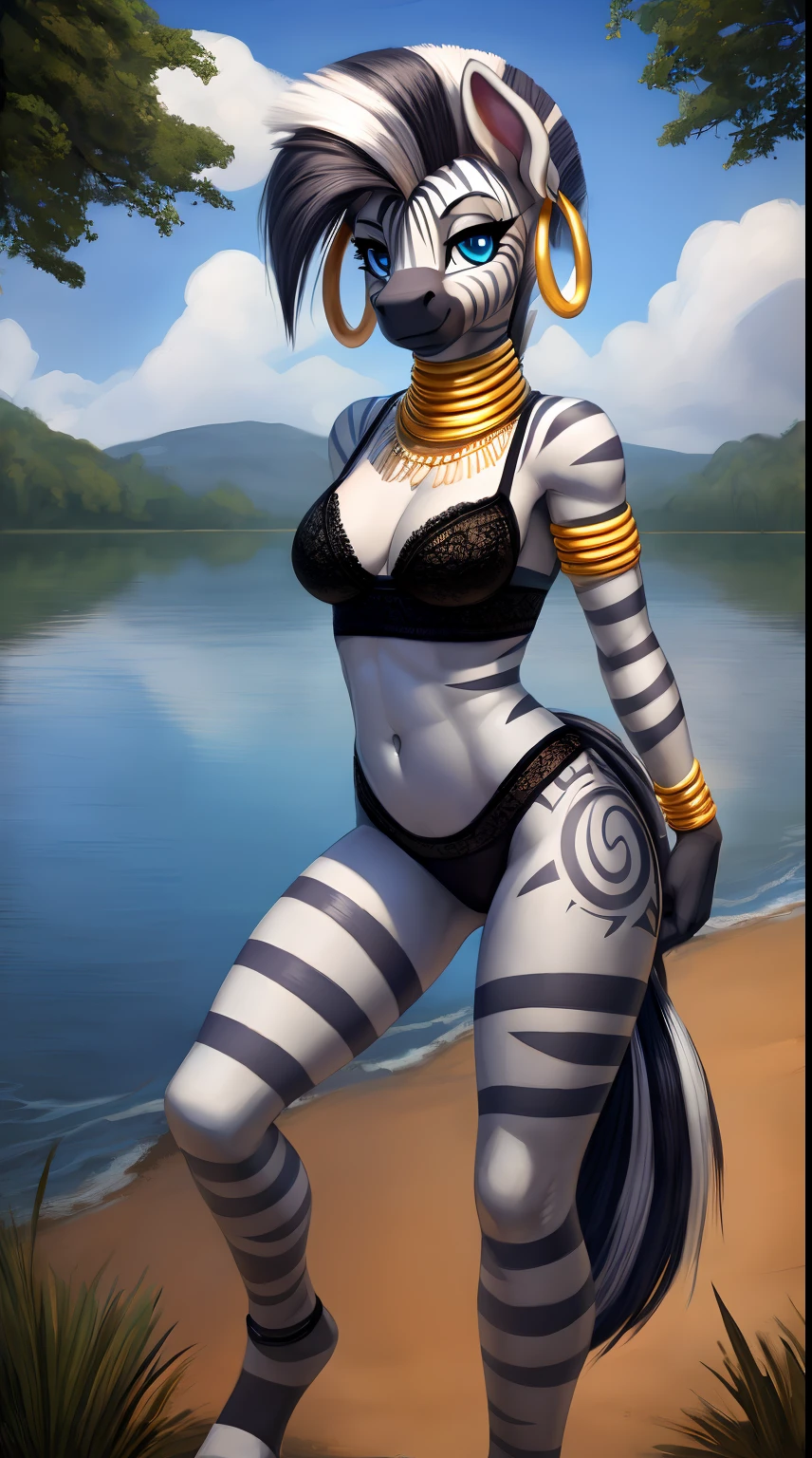 loli, detailed,8k.4k,((Best quality, masterpiece, ultra high resolution)), ((full body)), standing, by pixelsketcher, zecora, hoop earrings, bracelet, blue eyes, breasts, grey skin, furry female, furry, neck ring, armlet, legwear, natural lingerie, facial mark, zebra, navel, two-tone hair, grey fur, armlet, animal ears, facial mark, bangle, tattoo, outside, tail, african lake,