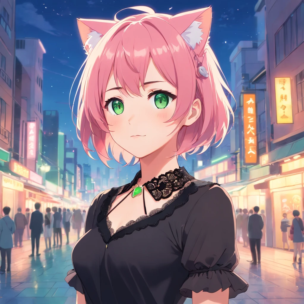 (best quality,ultra-detailed:1.2), green eyes, pink hair, black dress, pink lace collar, solo pose, neko style, sparkling background, dreamy lighting, vibrant colors, soft pastel tones, has cat ears