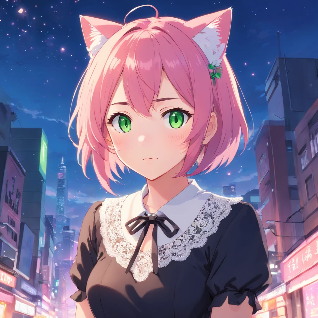 (best quality,ultra-detailed:1.2), green eyes, pink hair, black dress, pink lace collar, solo pose, neko style, sparkling background, dreamy lighting, vibrant colors, soft pastel tones, has cat ears
