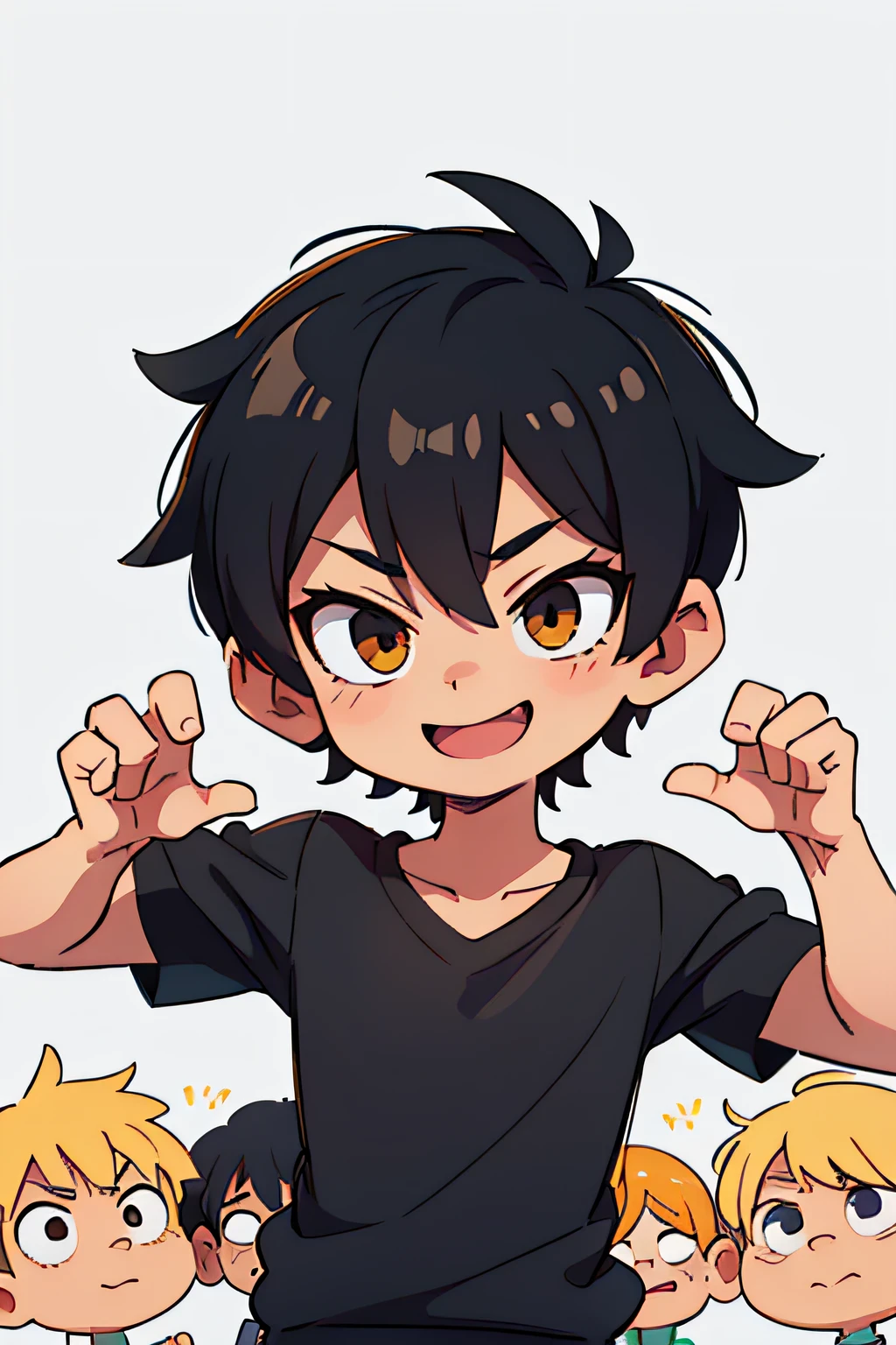 with a simple background,adolable,ssmile,Q version boys,The yellow hair with a black gradient is young and cute,ultra cute,Medium division of short haired boys,Reach out and face forward,greet,Two gestures than "Yay",Black cardigan sweatshirt,White underneath a T-shirt,Gentle light and shadow