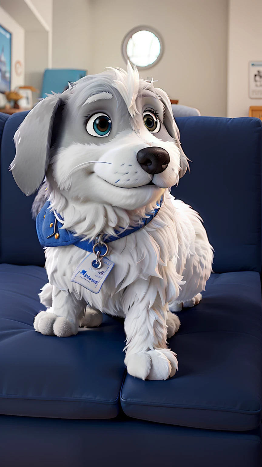 A white and gray furry dog sitting on a high quality Disney Pixar blue sofa