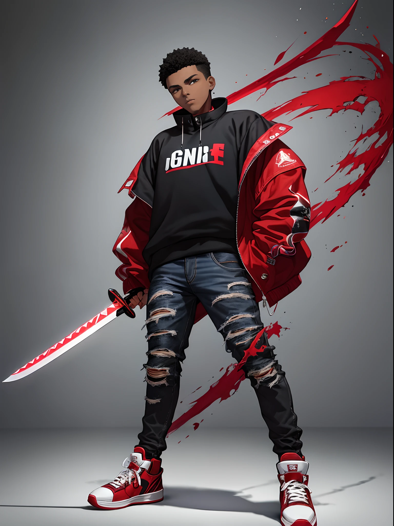 16 year old black boy wearing red jacket and streetwear style jeans and Jordan sneakers and with a sword kill monster