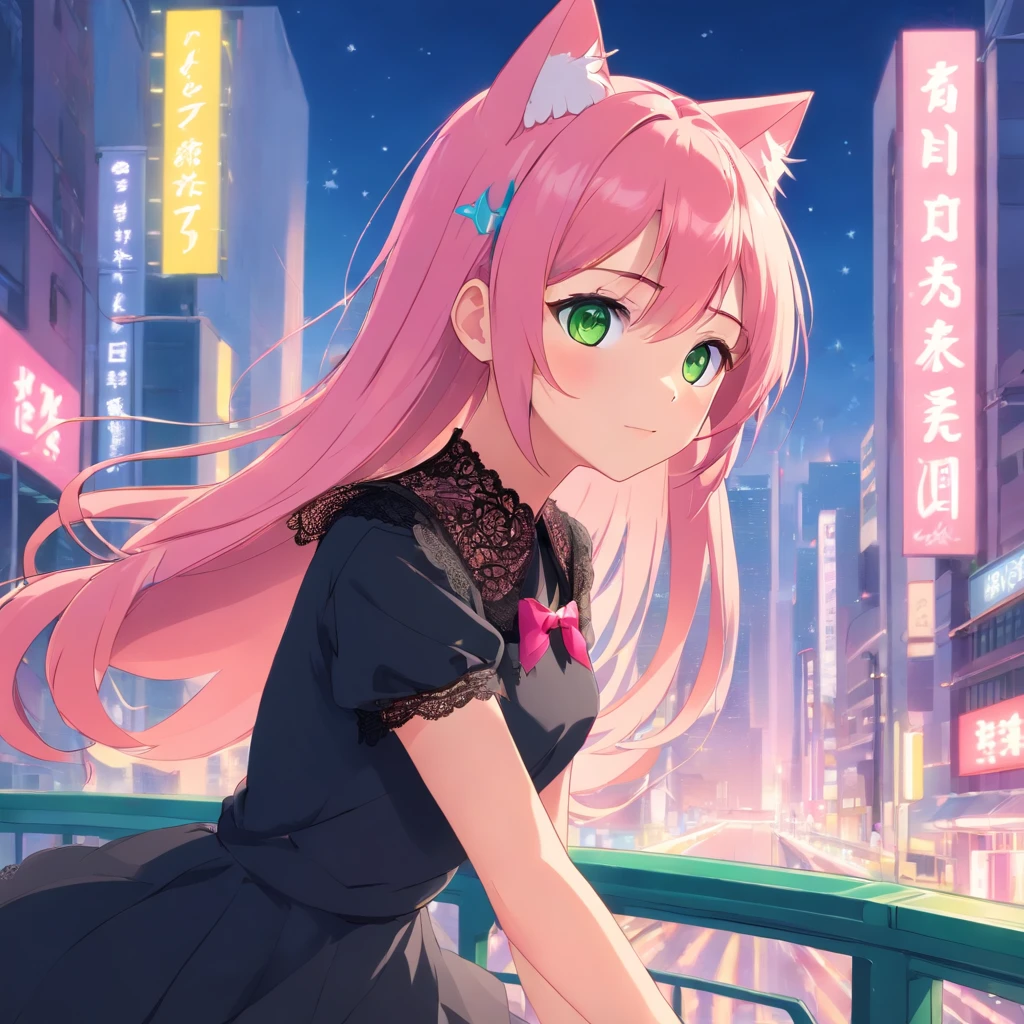 (best quality,ultra-detailed:1.2), green eyes, pink hair, black dress, pink lace collar, solo pose, neko style, sparkling background, dreamy lighting, vibrant colors, soft pastel tones, has cat ears