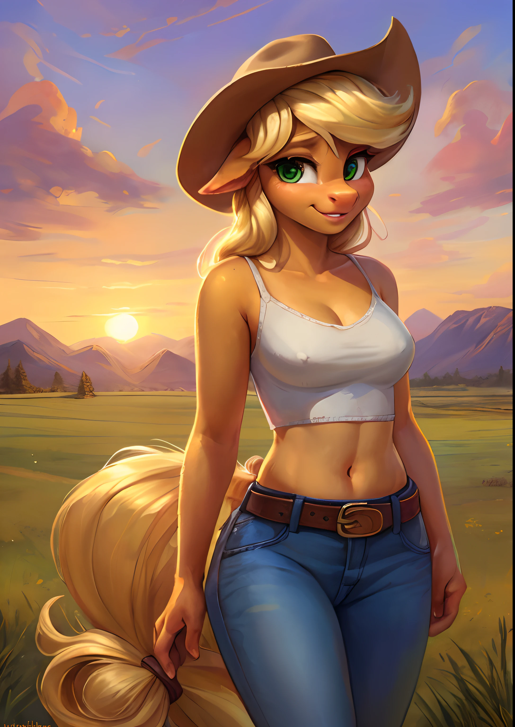 uploaded on e621, ((by Ulitochka, by Levelviolet, by Kenket, by Buta99)),
solo feral (((pony applejack \(mlp\)))) with ((yellow body)) and (long gold hair) and (clear green eyes),
(wear cowboy hat, white crop top, brown belt, blue jeans, brown  pack),
(detailed fluffy fur), (looking at viewer, three-quarter portrait:1.2),
BREAK,
((standing at farmland with grass, summer day)), (fog, mist, cloud, sunset, tree, mountain),
(detailed background, depth of field, half body shadow, sunlight, ambient light on the body),
(intricate:1), (high detail:1.25), (unreal engine:1.25), (soft focus:1.25),
[explicit content, questionable content], (masterpiece, best quality, 4k, 2k, shaded, absurd res) nsfw