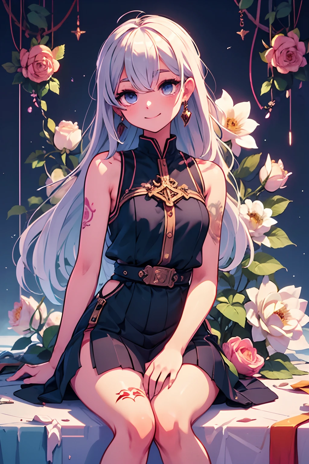 1girl, white hair, messy hair, long hair, black short vest, black ripped shorty, strings, earrings, shaman, almond eyes, demon soft tail, tattoos on right arm, cross earring, masterpiece, beautiful and aesthetic, illustration, smile, high quality, professional art, fancy background, blue roses, white roses