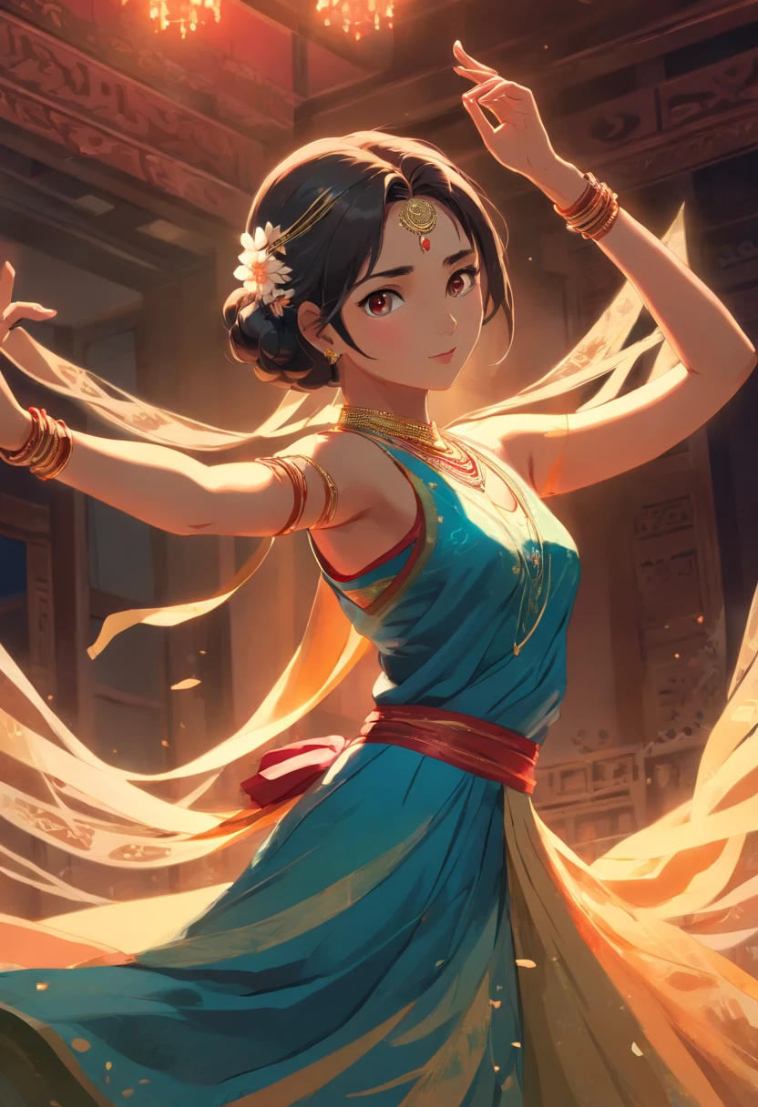 (best quality,4k,highres,masterpiece:1.2),ultra-detailed,realistic,photorealistic:1.37,traditional Indian dancer woman,horrifying atmosphere,painting on the wall,eerie cobwebs in the room,rich cultural heritage,expressive facial features,bright and colorful ethnic attire,detailed hand gestures,hair adorned with flowers and traditional jewelry,haunting and unsettling background,subtle plays of light and shadow,traditional music in the air,emphasizing the dancer's graceful and powerful movements,dramatic expression of emotions,reference to traditional Indian dance forms like Bharatanatyam or Kathak,sculptural poses and body language,ominous color palette with deep reds, dark blues, and smoky blacks,cyanotype or sepia tint for a vintage effect. Real woamn