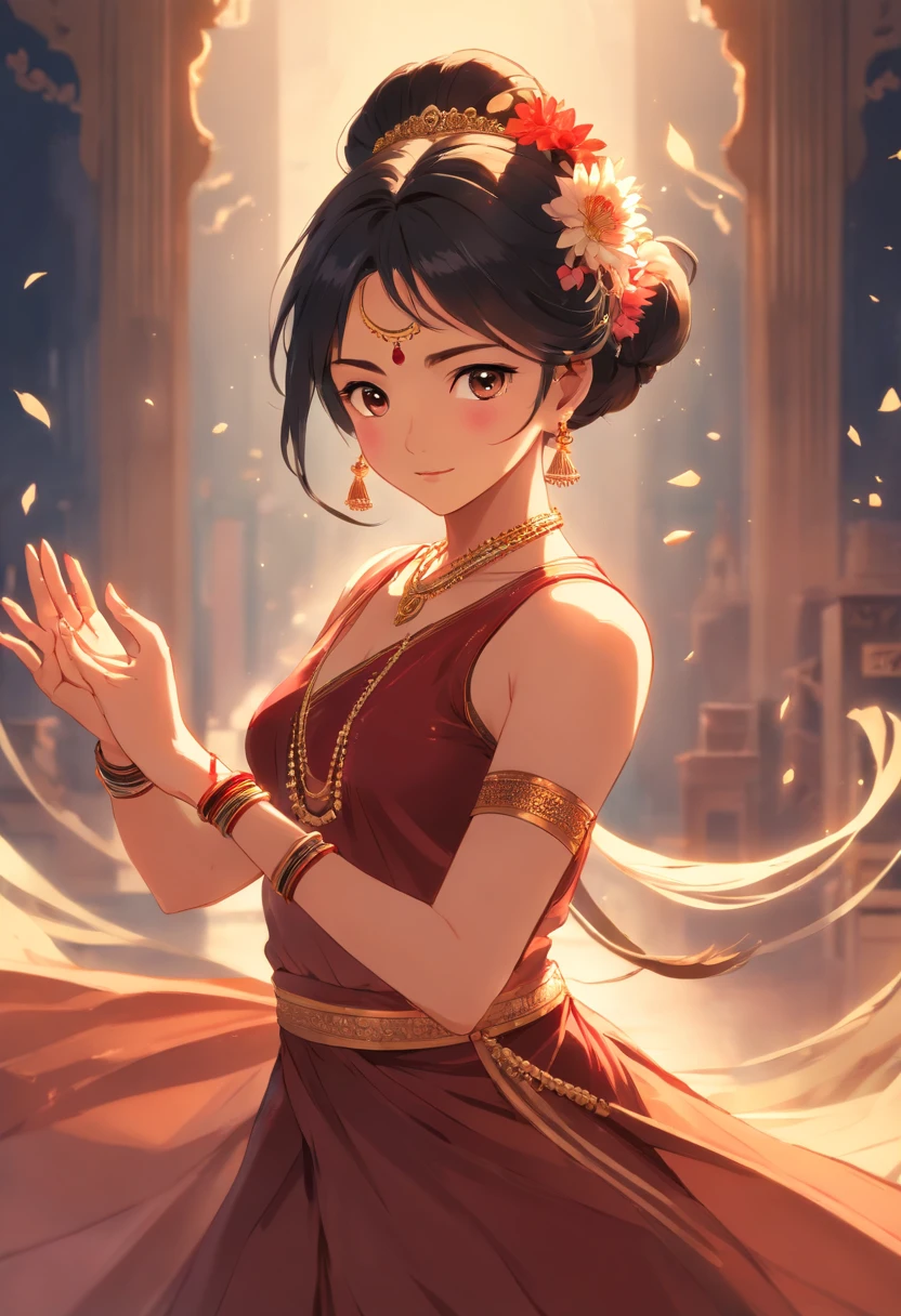 (best quality,4k,highres,masterpiece:1.2),ultra-detailed,realistic,photorealistic:1.37,traditional Indian dancer woman,horrifying atmosphere,painting on the wall,eerie cobwebs in the room,rich cultural heritage,expressive facial features,bright and colorful ethnic attire,detailed hand gestures,hair adorned with flowers and traditional jewelry,haunting and unsettling background,subtle plays of light and shadow,traditional music in the air,emphasizing the dancer's graceful and powerful movements,dramatic expression of emotions,reference to traditional Indian dance forms like Bharatanatyam or Kathak,sculptural poses and body language,ominous color palette with deep reds, dark blues, and smoky blacks,cyanotype or sepia tint for a vintage effect. Real woamn