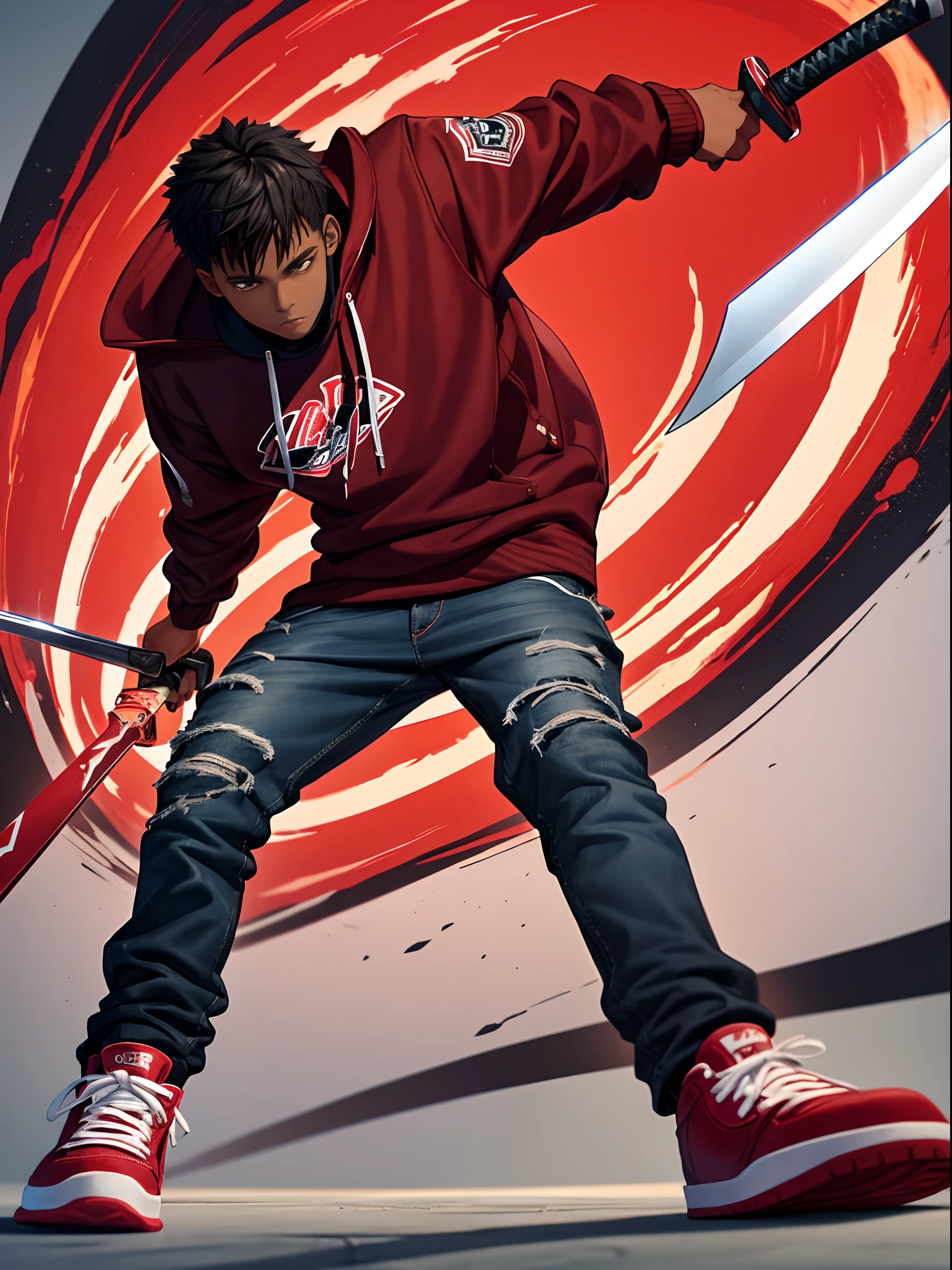 16 year old black boy wearing red jacket and streetwear style jeans and Jordan sneakers and with a sword kill monster