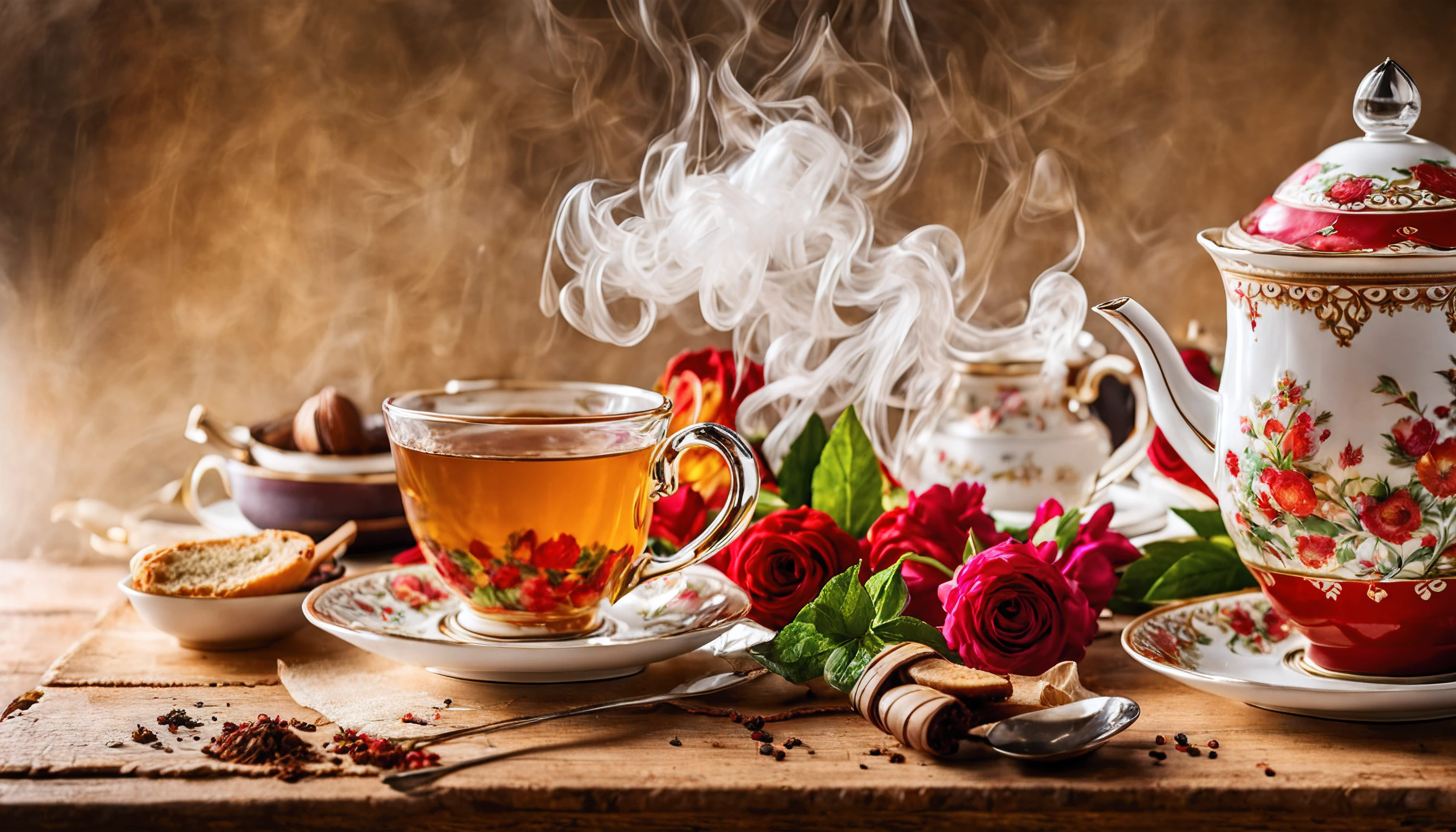 (masterpiece, top quality, best quality, official art, beautiful and aesthetic:1.2), extreme detailed,colorful,highest detailed, A beautifully composed foodie photograph capturing the elegance of a proper British hot tea during tea time. The warm steam rises from the teacup, and delicate teacakes adorn the scene, creating a visually appealing composition