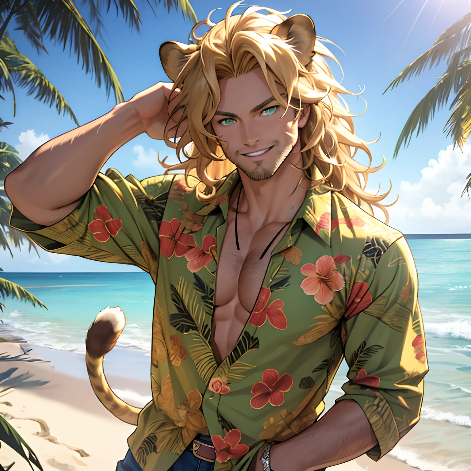 Hawaiian shirt, One male, lion ears, long hair, blond, blond hair, green eyes, tall, muscular, beautiful face, highest quality, masterpiece, 3d, anime, perfect face, highest detail, feline eyes, stubble, lion tail, wavy hair, cowboy shot, detailed face, intricate details, beach background, smile, solo