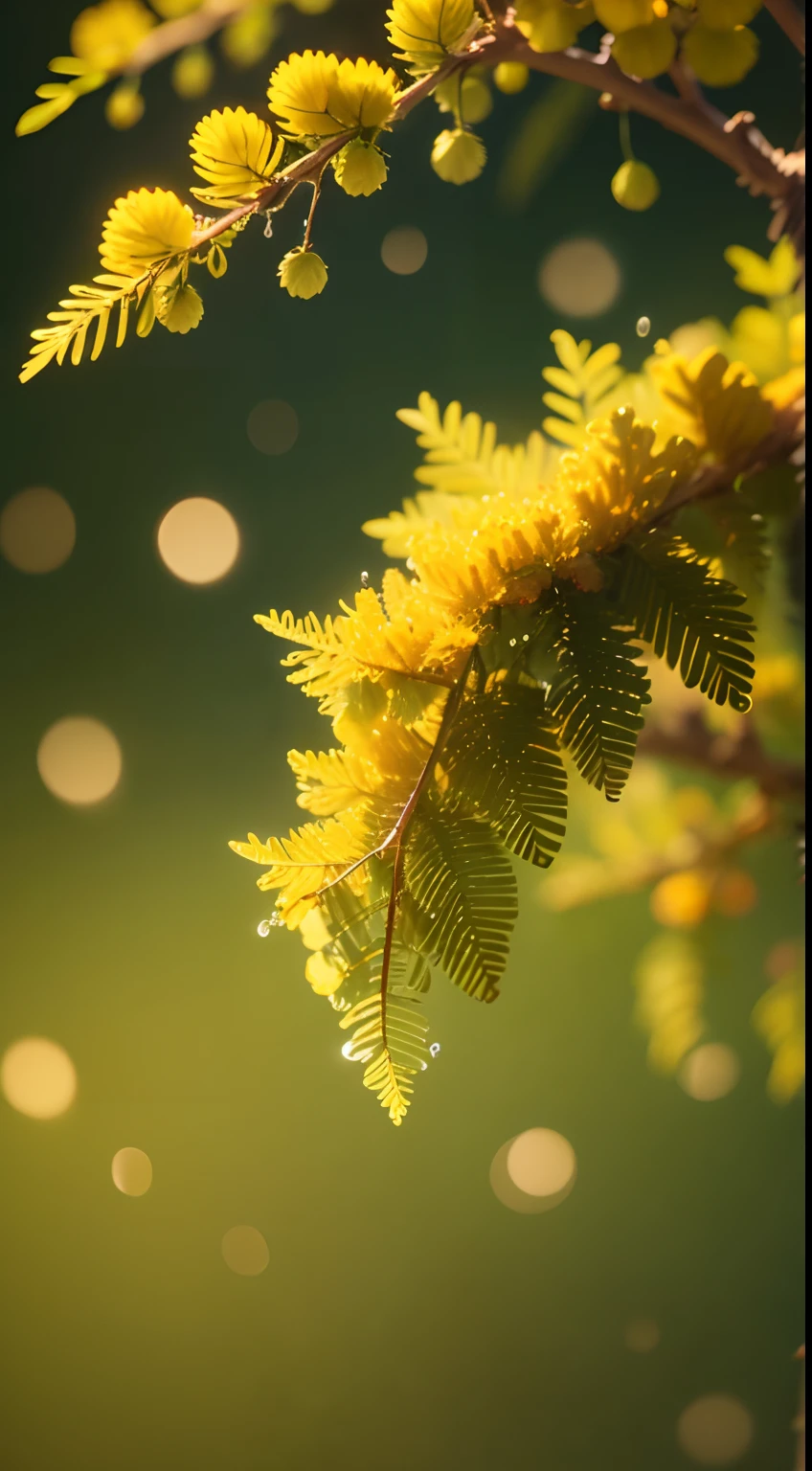 Acacia foliage, Fluffy mimosa , water drops, bokeh, Mossy background, Warm, muted, tonesSplendor, Colorful, Amazing photography, photo-realism, ultra - detailed, 4K, depth of fields, A high resolution, film grain, macro