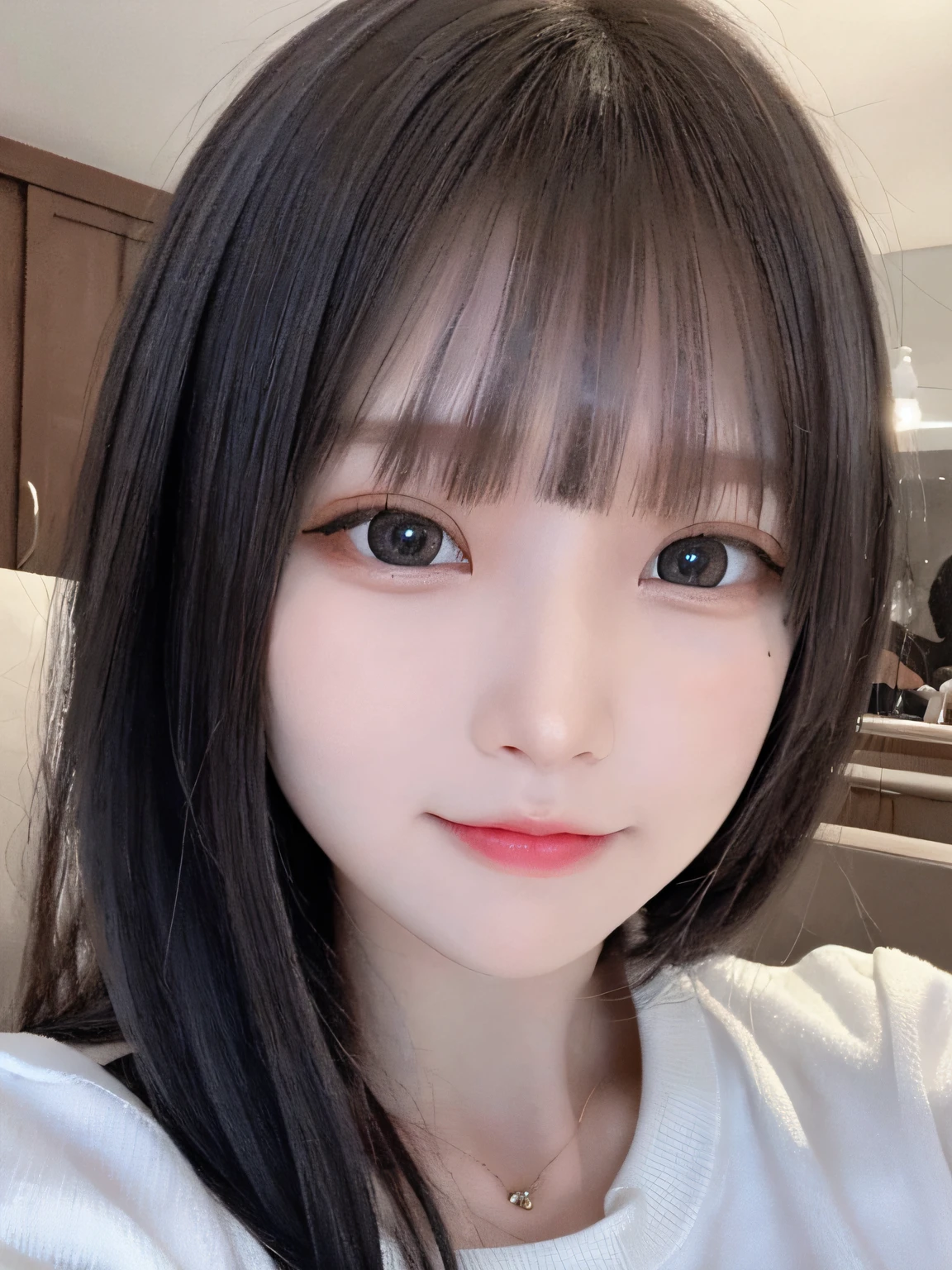 bright expression、photorealisim、top-quality、超A high resolution、a picture、Photos of the most beautiful Nordic girls、Detailed cute and beautiful face、a small face、(pureerosface_v1:0.008)、Beautiful bangs、alice in the wonderland、years、Glowing white shiny skin、Hair tangled in the face、Bangs that extend to the face、bangss、Hair between the eyes、black silky hair、finer hair、Bright, Clear light blue eyes look attractive、Oversized School Sweater、natural make up、Double eyelids、Dynamic Pose