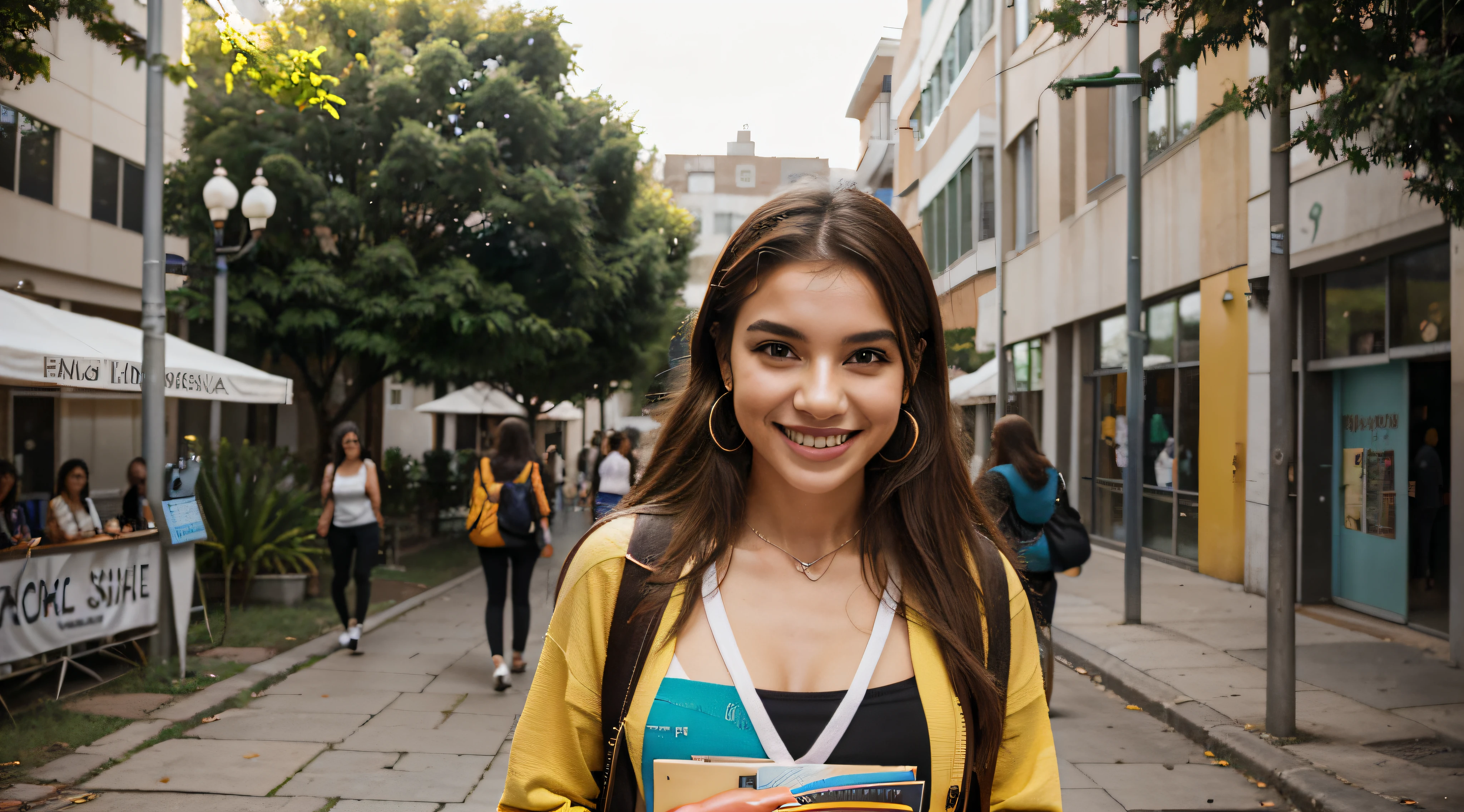 Generate an image of a Brazilian student happily strolling through a busy university campus. she is tall and slender, com curta marcante, cabelo loiro platinado, who exudes a rebellious spirit;. Her captivating light brown eyes sparkle with determination and curiosity, e ela usa um brilhante, genuine smile.

She is dressed in a unique and colorful way, conjunto abstrato que mostra sua personalidade vibrante. The clothes are an artistic mix of various colors and patterns, refletindo seu estilo ousado e criativo. She's wearing a bold earpiece around her neck, Ready to dive into your music. Enquanto ela caminha, She carries a stack of graphite-covered books in one hand, showcasing your passion for literature.

This distinguished student embodies the spirit of a cheerful, Book-loving punk with a love of music and a flair for colorful, abstract fashion. She confidently navigates the lively atmosphere of the university campus.